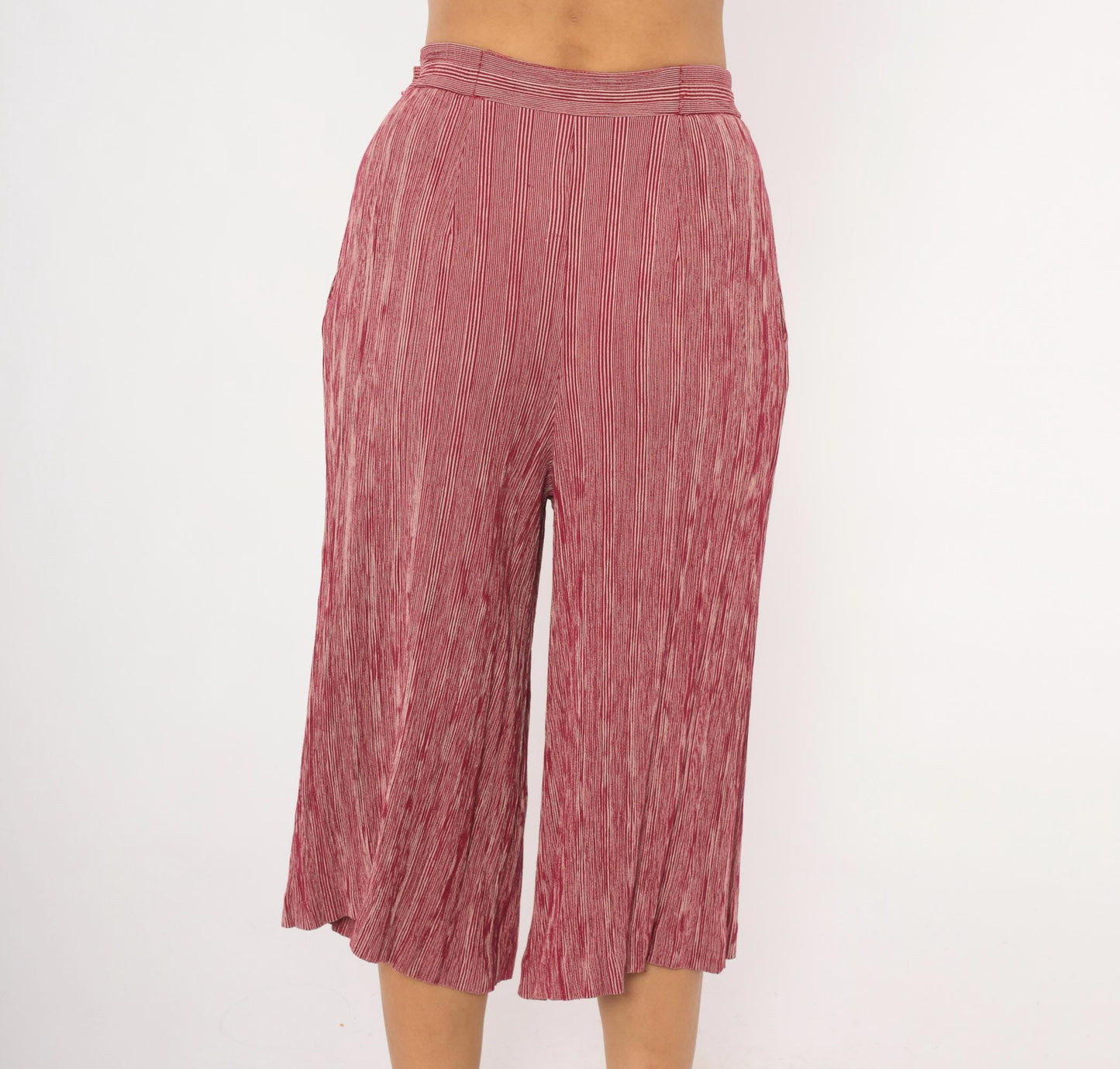 80s Leslie Fay Burgundy Striped Pleated Culottes Wide Leg Cropped Medium