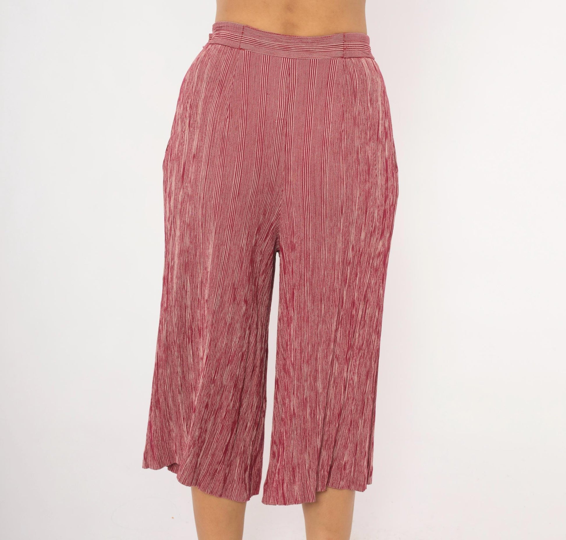 80s Leslie Fay Burgundy Striped Pleated Culottes Wide Leg Cropped Medium