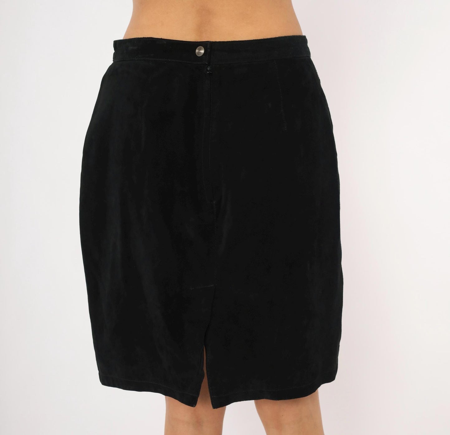 90s Black Suede Pencil Skirt High Waist Knee Length Medium M