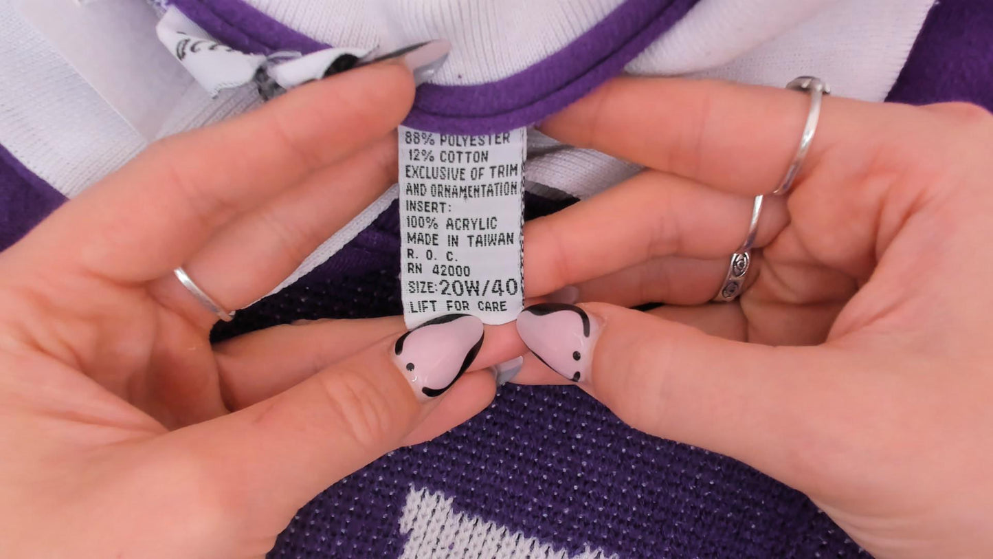 90s Purple Cat Collared Sweatshirt White Collar Plaid Bow Heart Panel Plus Size 1X