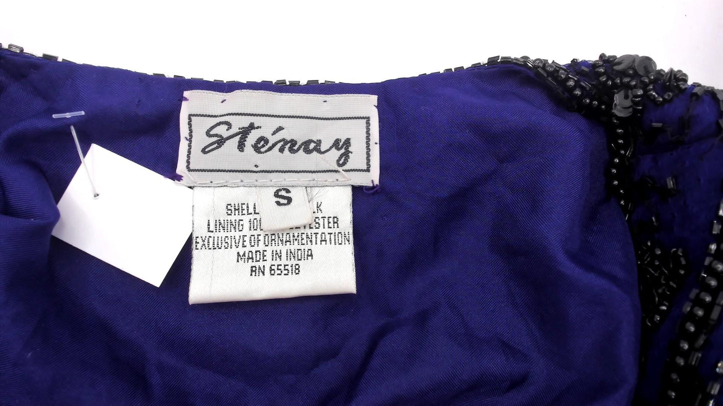 90s Stenay Silk Cropped Jacket Navy Beaded Floral Sequin Small