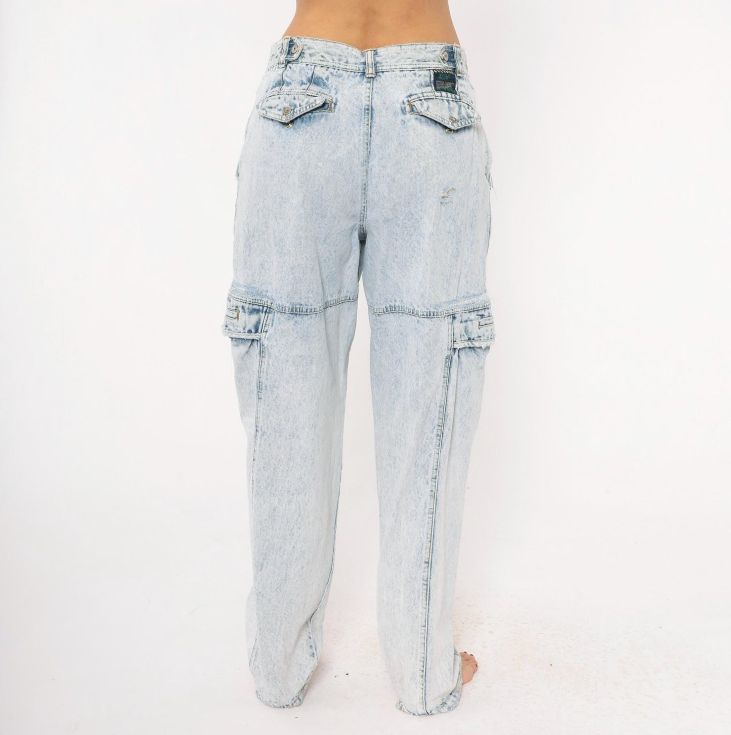 80s Bugle Boy Acid Wash Cargo Jeans Light Blue High Rise 33L