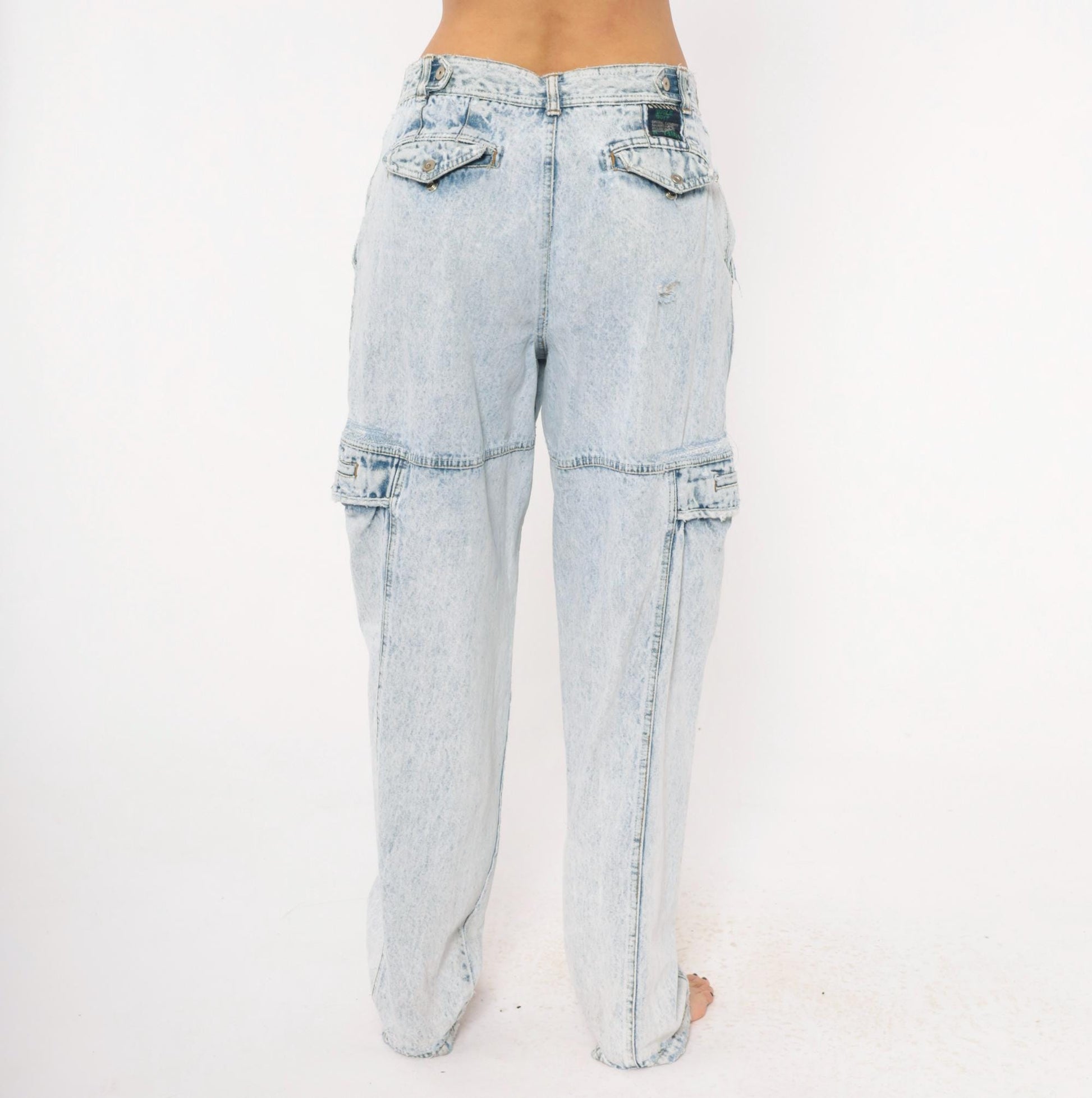 80s Bugle Boy Acid Wash Cargo Jeans Light Blue High Rise 33L