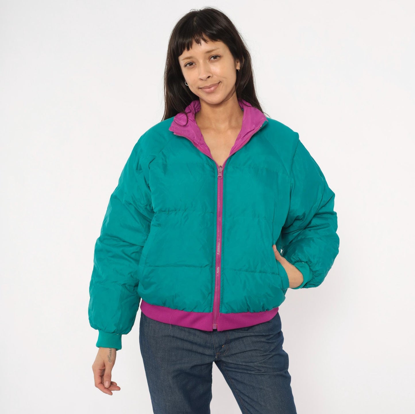 90s Paris Sport Club Reversible Down Puffer Jacket Teal Magenta Medium M