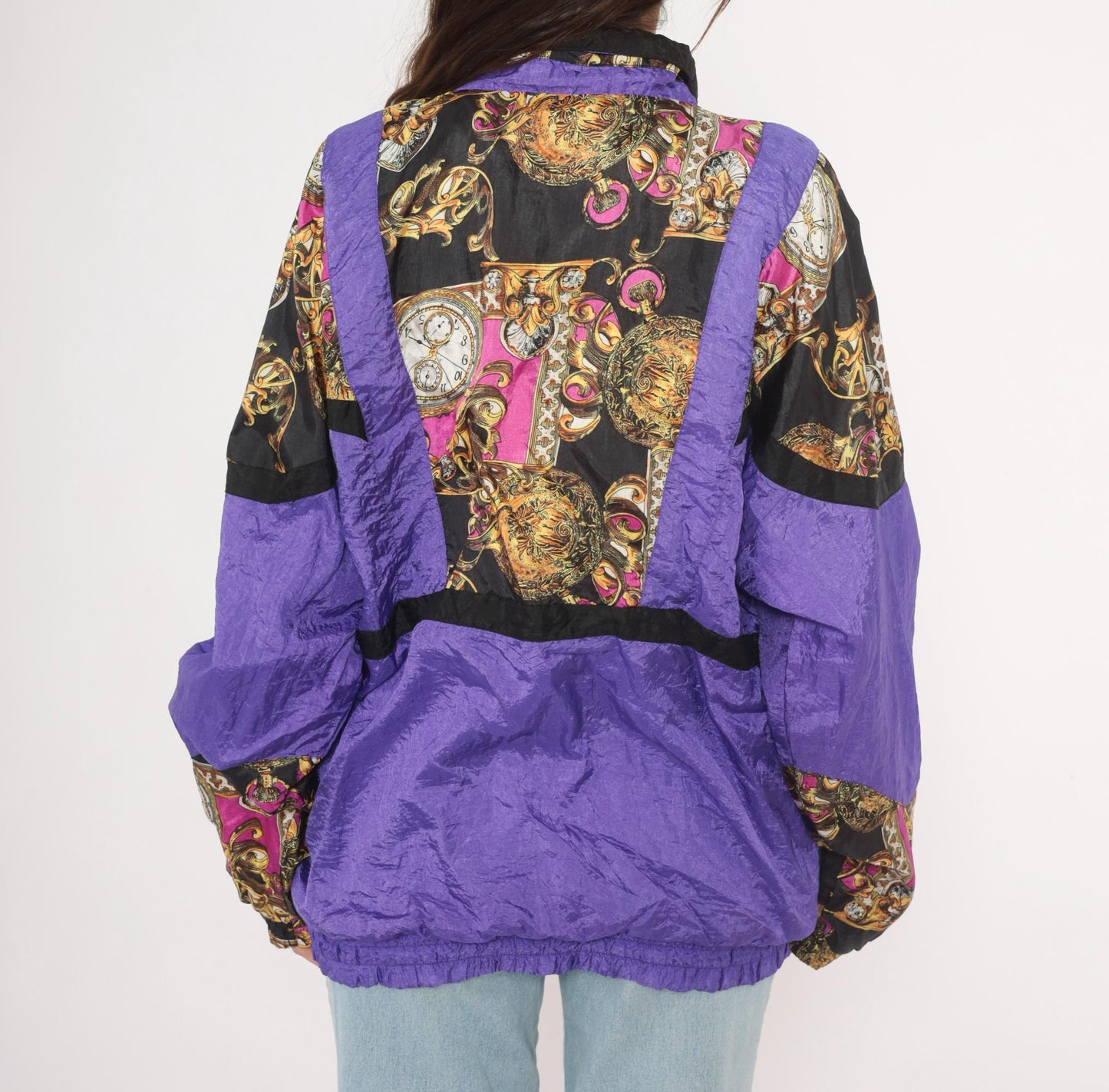 90s Baroque Clock Windbreaker Purple Gold Pocket Watch Shell Jacket Medium