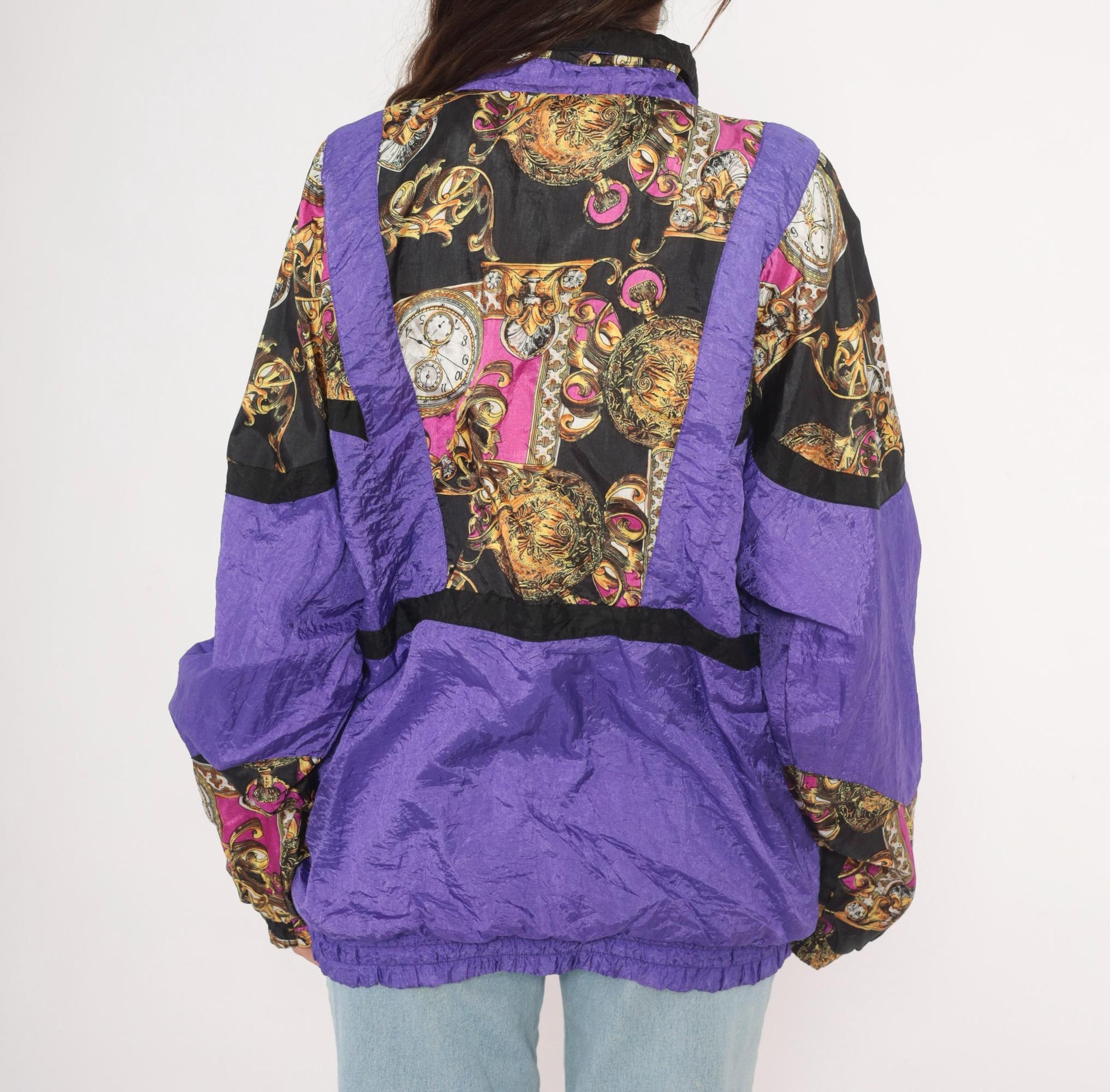 90s Baroque Clock Windbreaker Purple Gold Pocket Watch Shell Jacket Medium