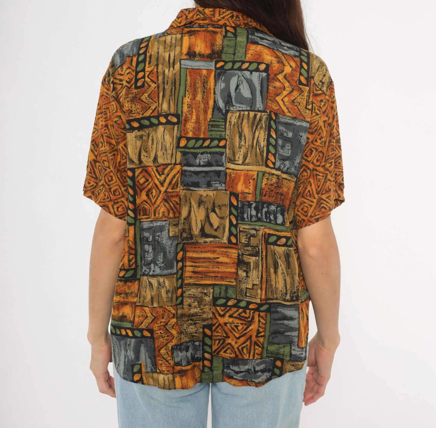 90s Tribal Patchwork Camp Collar Shirt Mustard Olive Slate Large L