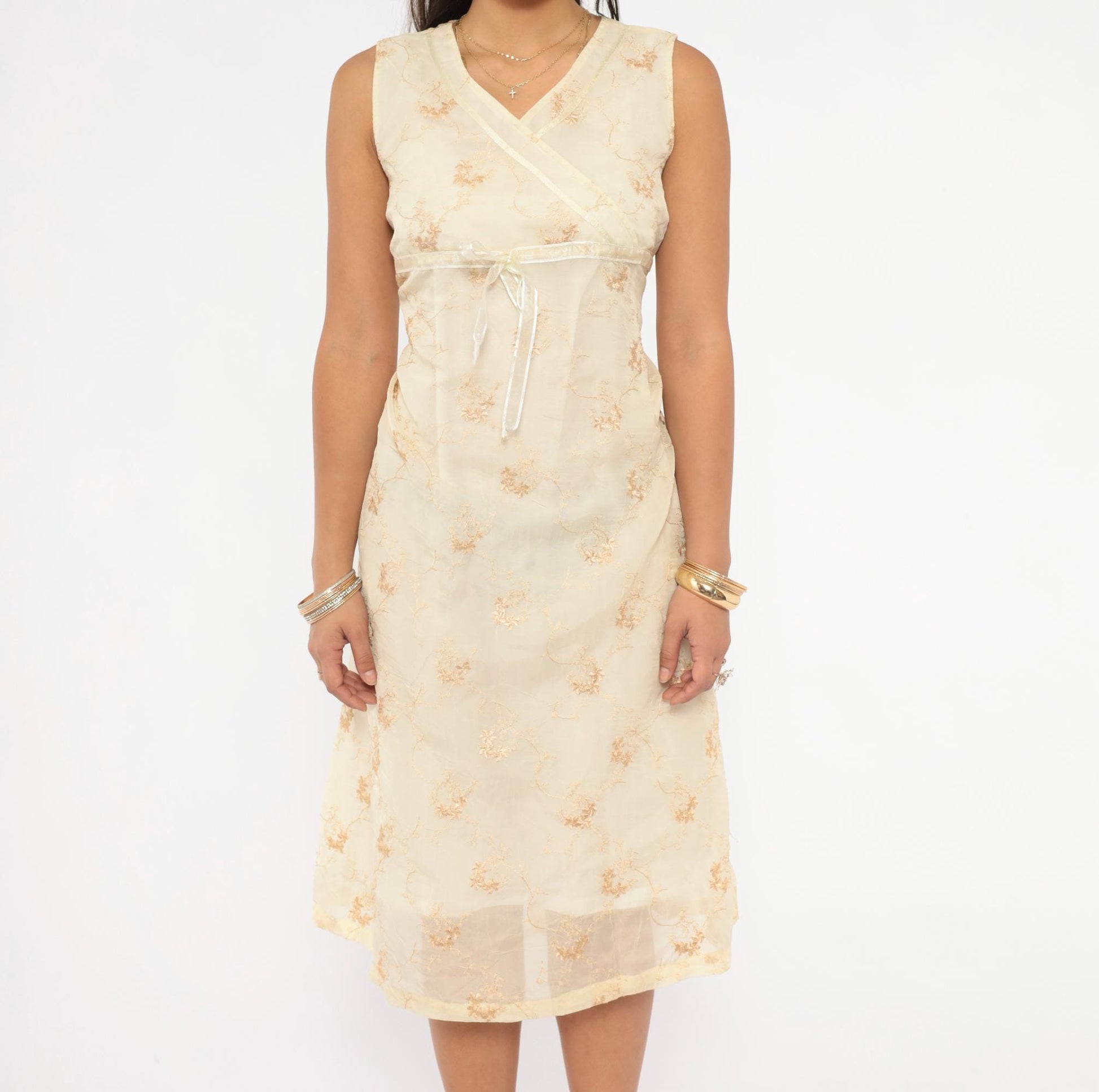 Y2K Nice Mommy Cream Organza Floral Embroidered Dress Gold Vine Knee Length Large L