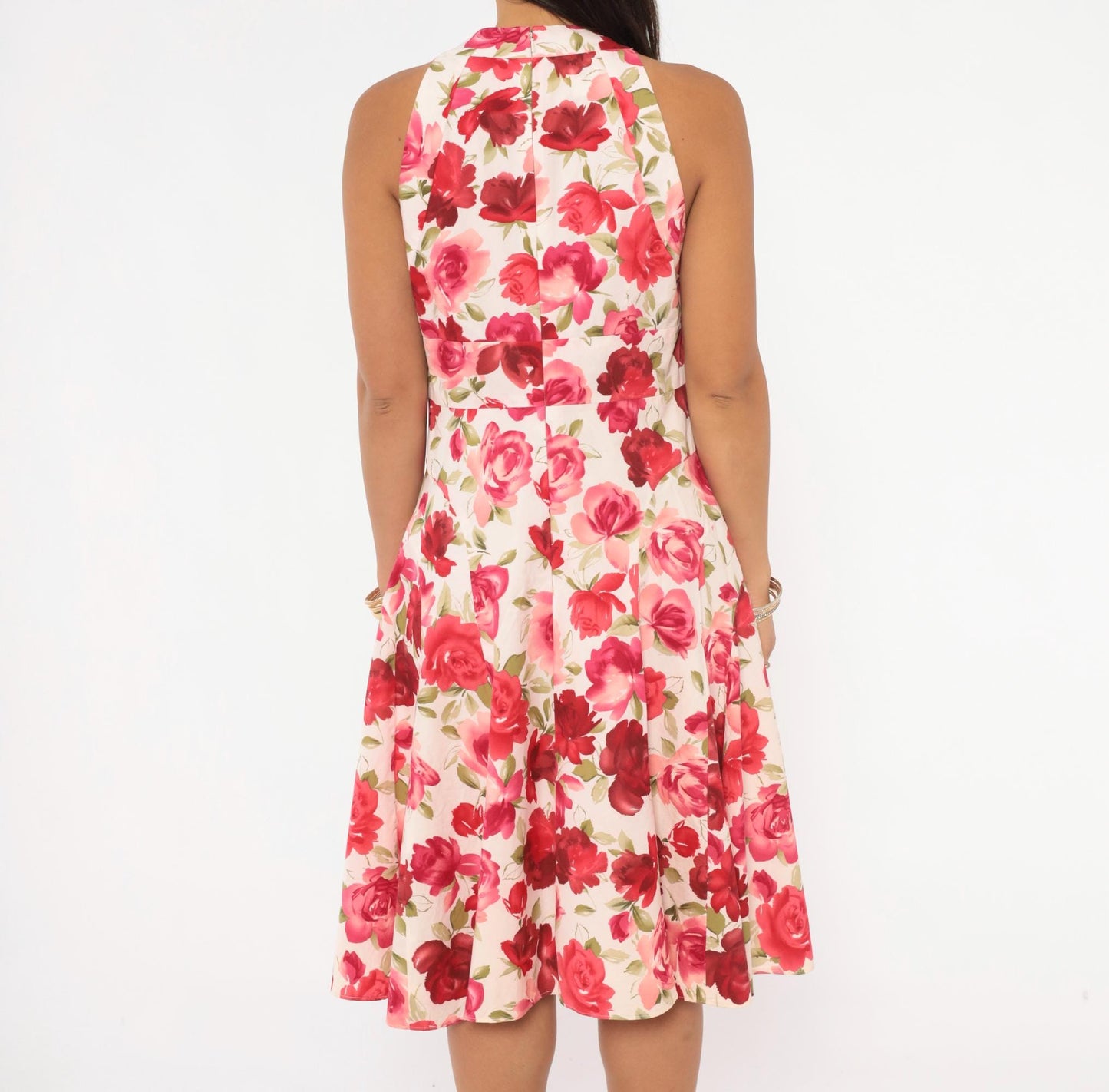 Y2K Talbots Rose Floral Halter Dress Cream Pink Red Knee-Length Medium M