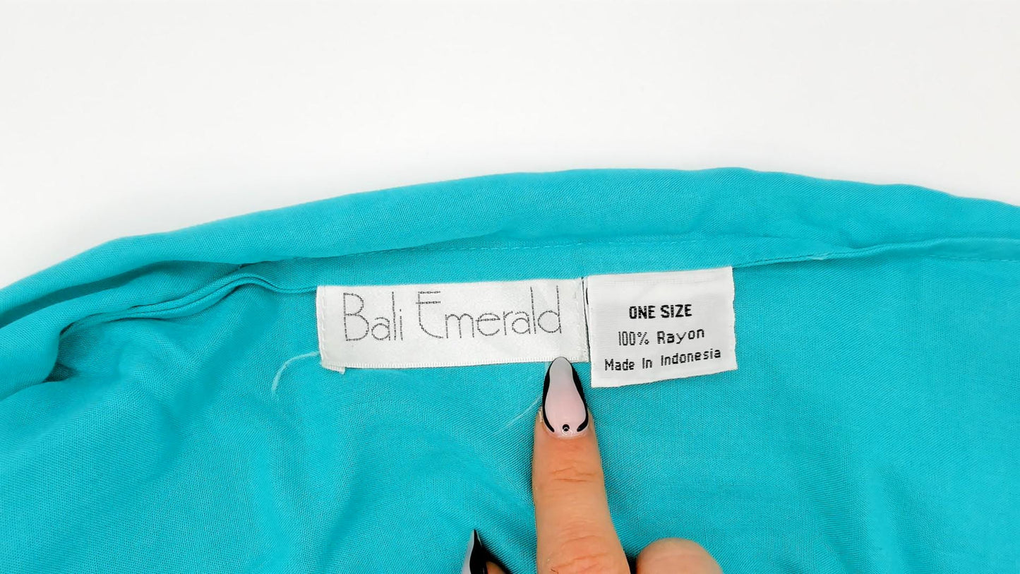 80s Bali Emerald Teal Cutwork Lace Blouse Floral Embroidered V-Neck