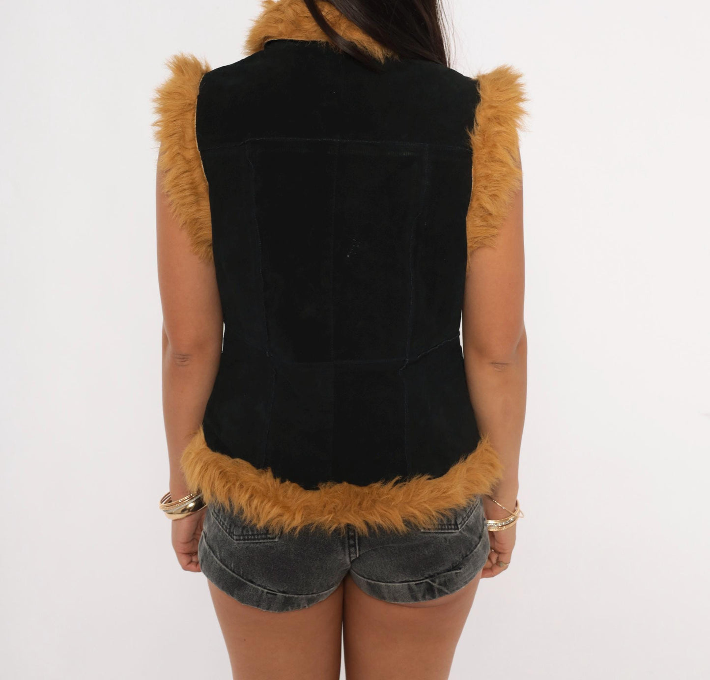 Y2K Jennyfer J Black Leather Vest Tan Faux Fur Trim Zip Front Medium