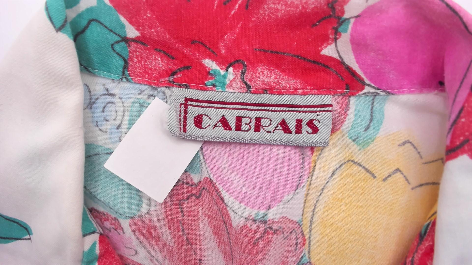 80s Cabrais Floral Button-Up Blouse White Camp Collar Cotton Medium M