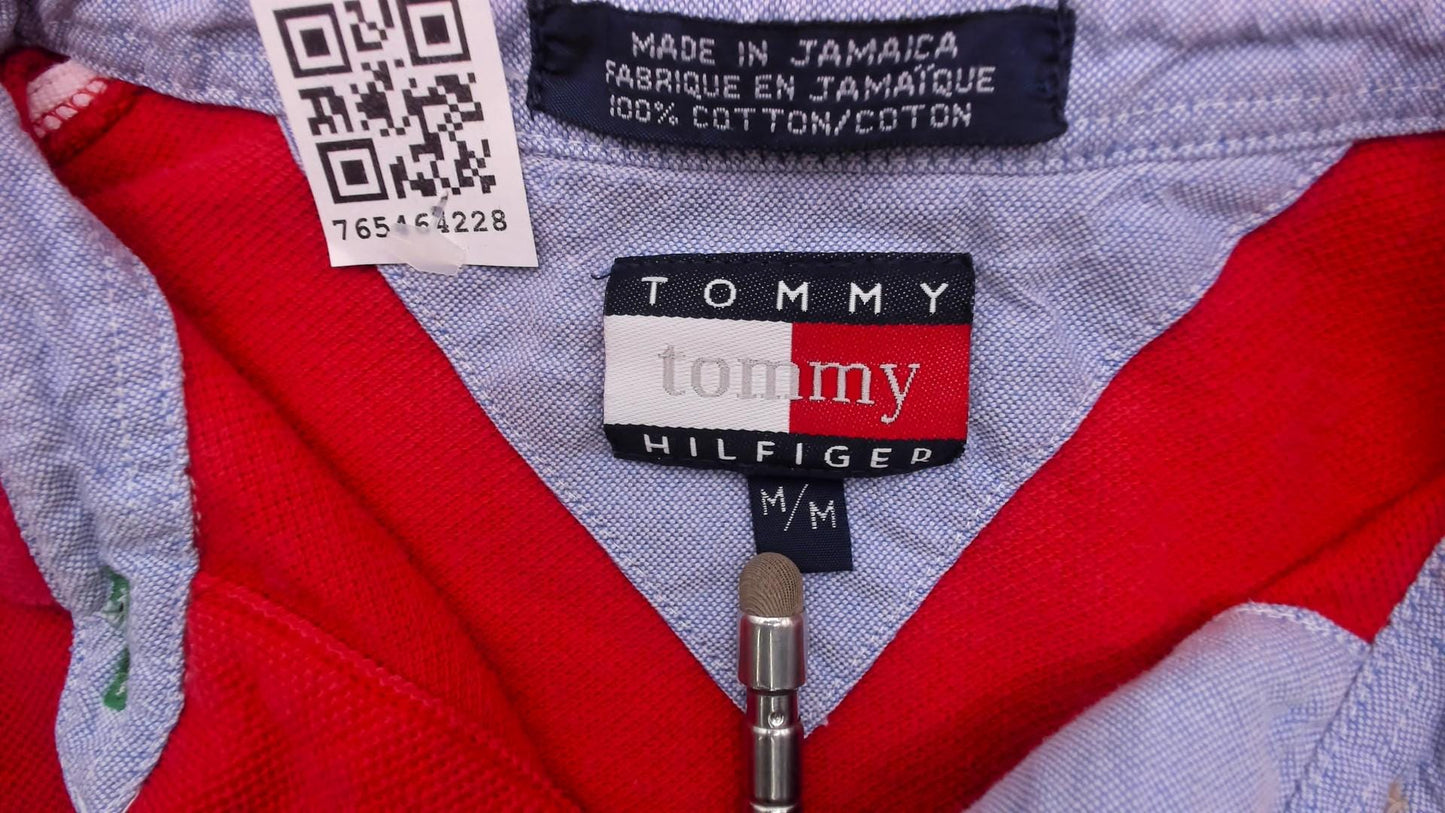 2000s Tommy Hilfiger Red Cotton Pique Polo Shirt Embroidered Flag Logo Medium M