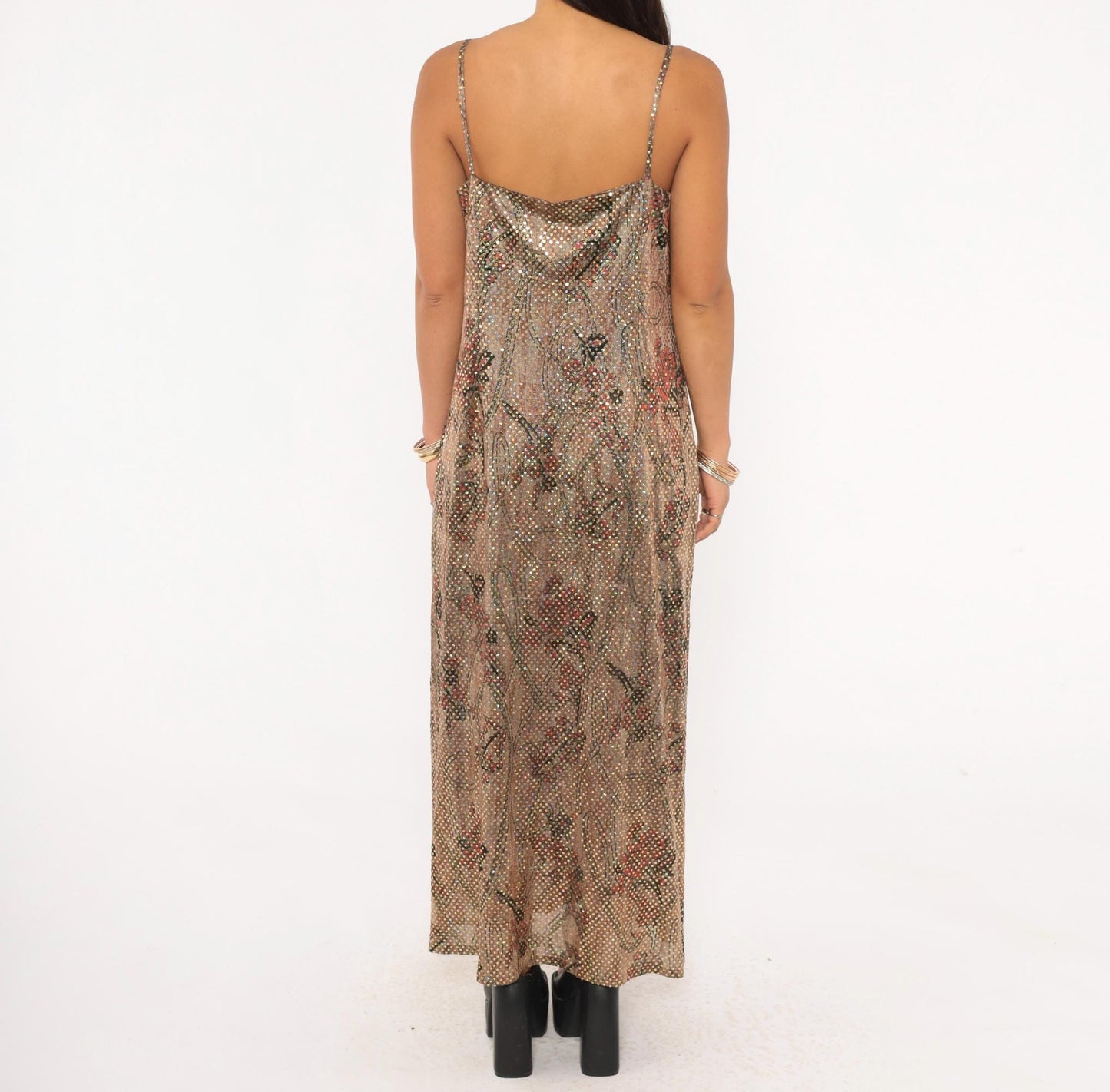 90s Metallic Shimmer Maxi Slip Dress Tan Burgundy Floral Gold Spaghetti Strap Large L