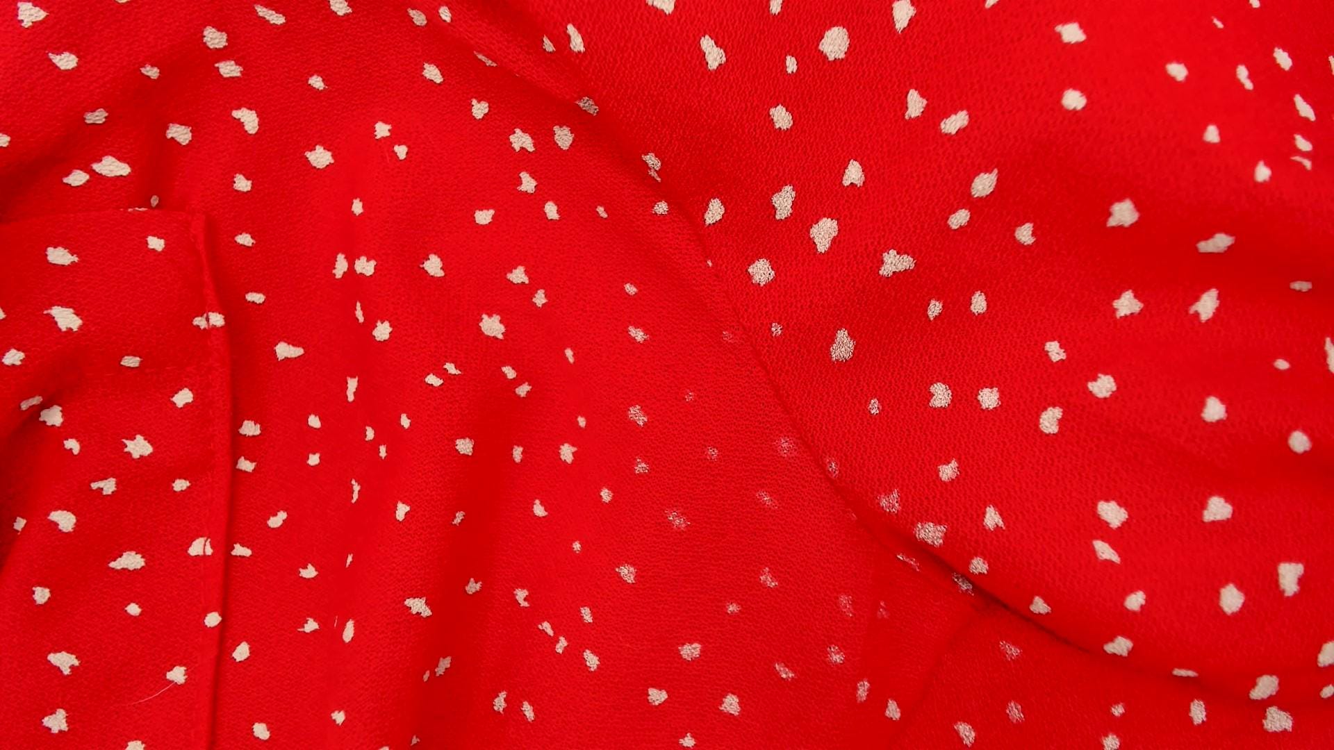 80s Red Speckled Dot Shirtdress White Print Puff Sleeve Knee Length Small