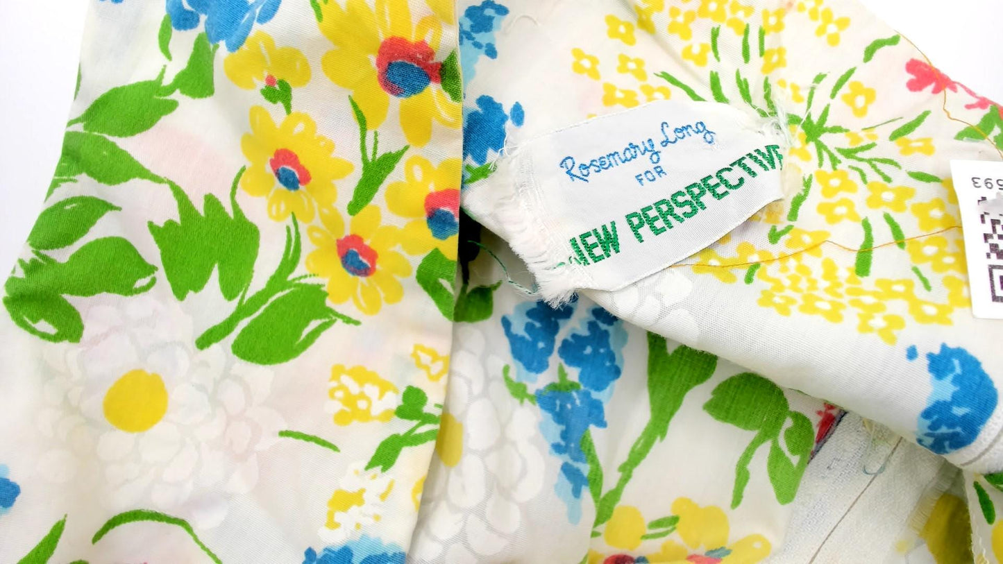 70s New Perspective Floral Midi Sundress Square Neck Pleated Cotton Pink Blue Large L