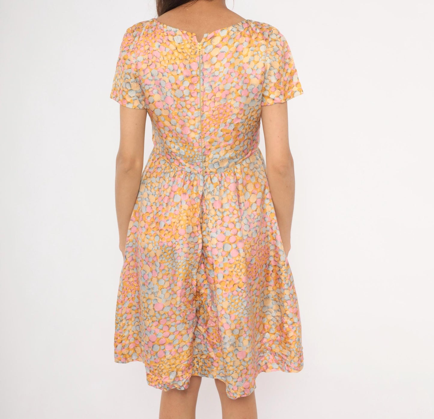 60s Silk Babydoll Dress Pebble Print Orange Pink Blue Mini Scoop Neck Medium M