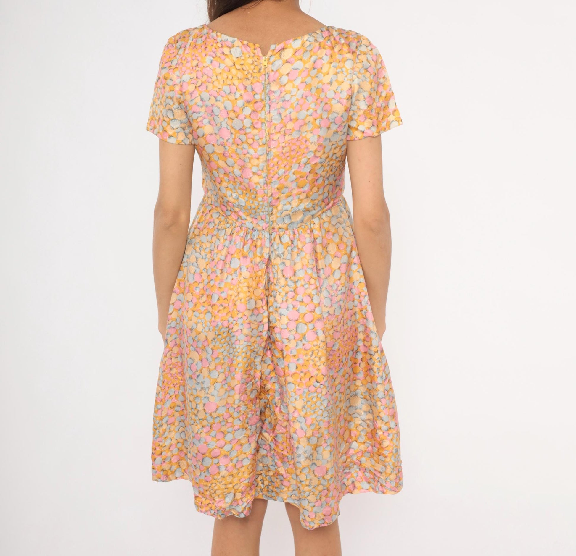 60s Silk Babydoll Dress Pebble Print Orange Pink Blue Mini Scoop Neck Medium M