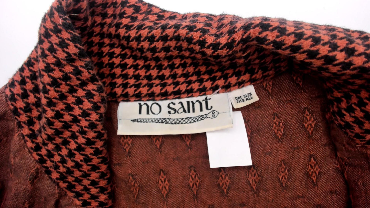 90s No Saint Brown Maxi Shirt Dress Houndstooth Collar Diamond Pattern Medium