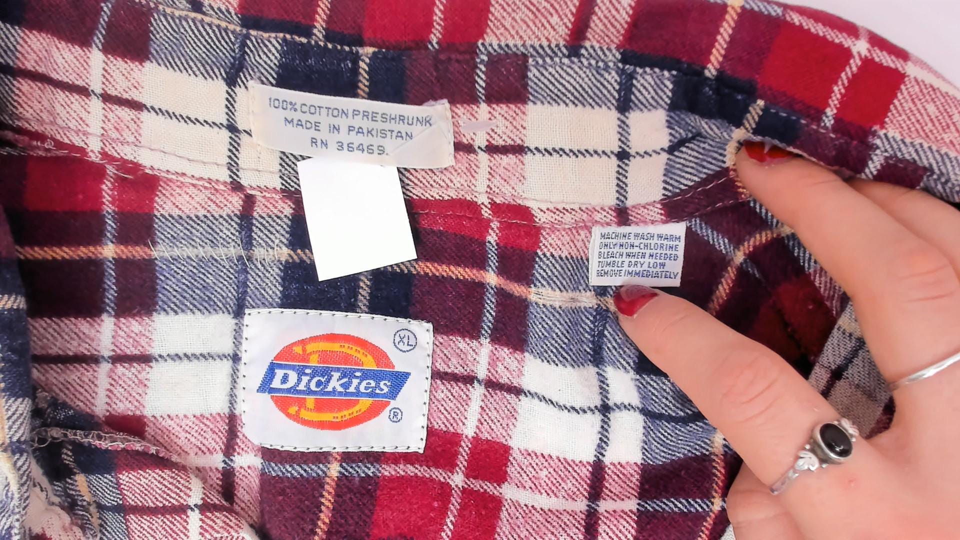 90s Dickies Flannel Shirt Red Navy Cream Plaid Cotton XL