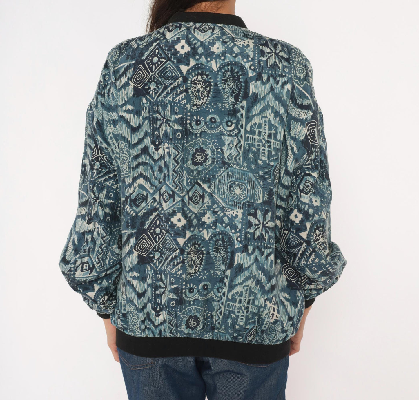 90s Silk Bomber Jacket Abstract Tribal Print Blue Grey Unisex Small