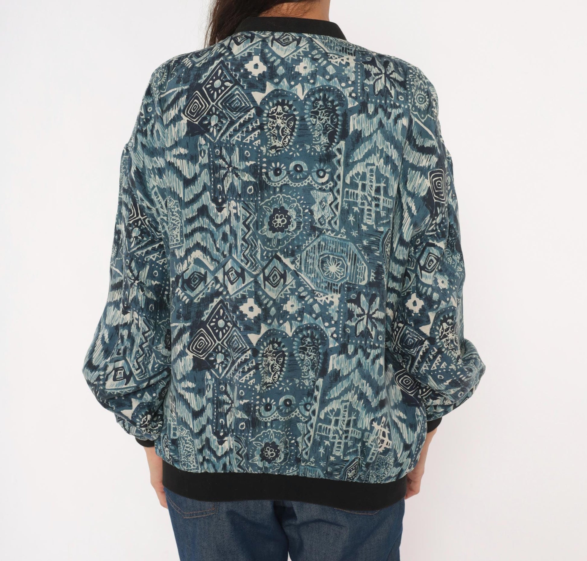 90s Silk Bomber Jacket Abstract Tribal Print Blue Grey Unisex Small