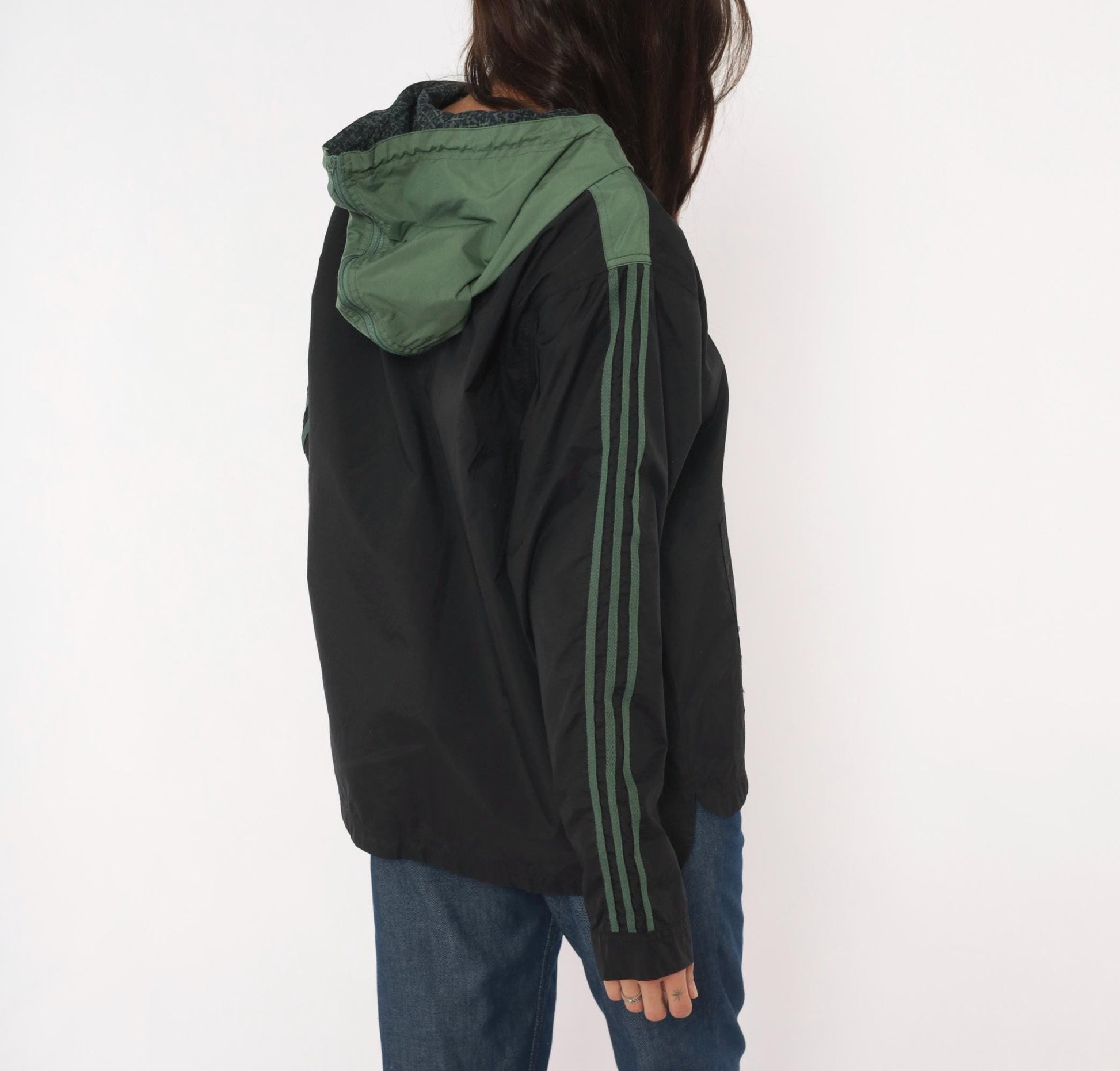 90s Adidas Pullover Windbreaker Black Olive Green Three Stripe Hooded Anorak Large L