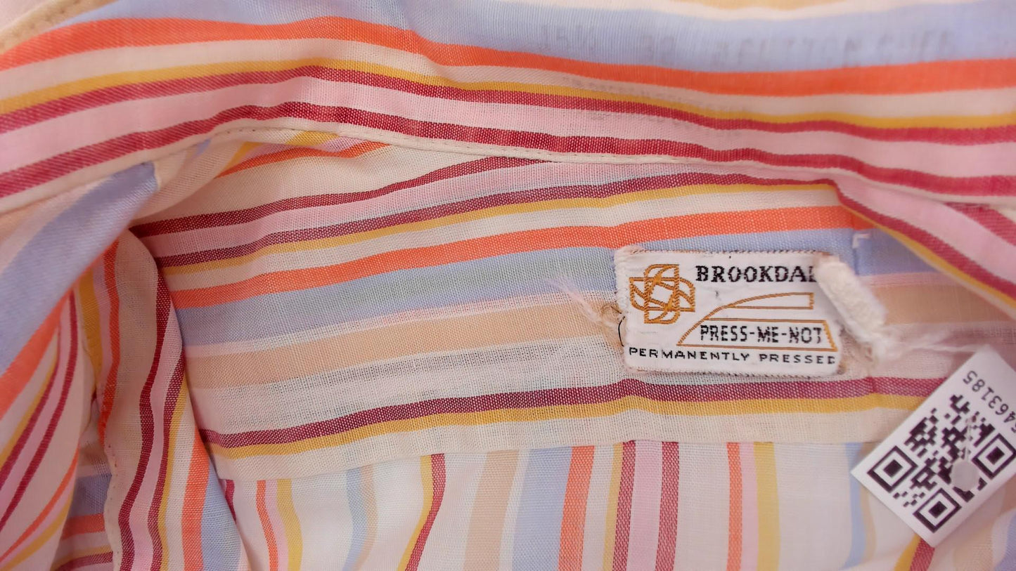70s Brookdale Striped Camp Shirt Pastel Rainbow Cotton Notched Collar Medium