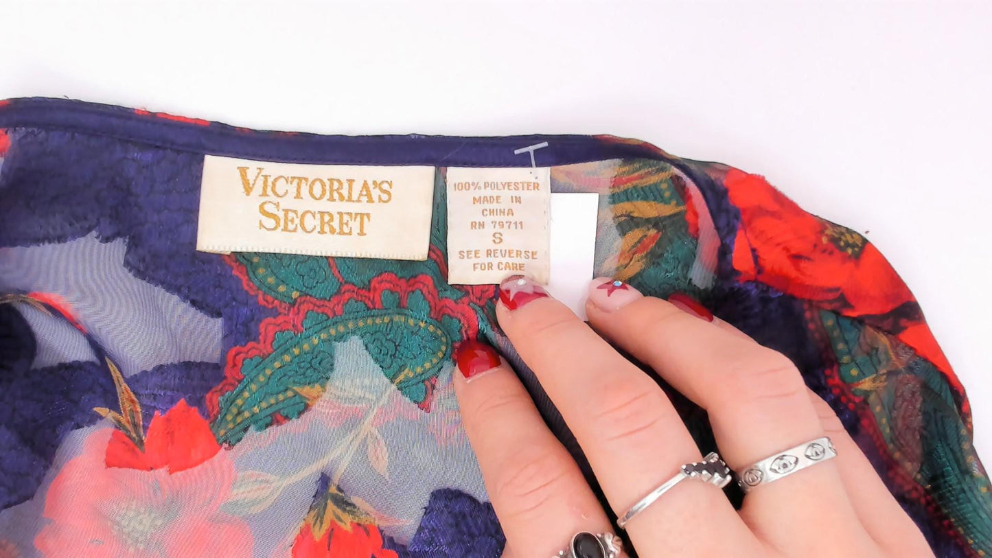 90s Victoria's Secret Sheer Kimono Robe Navy Floral Rose Print Small