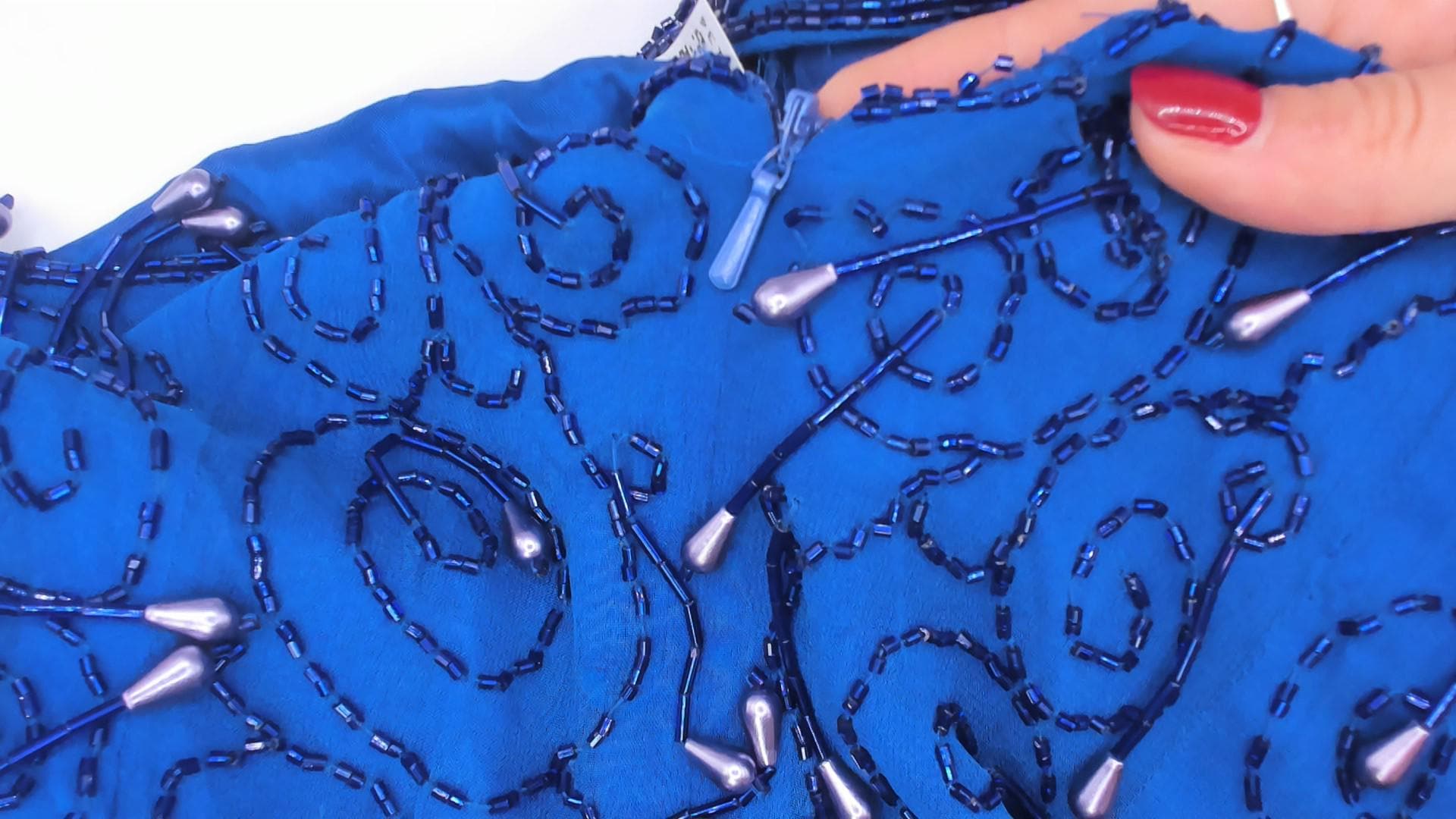 90s Cobalt Blue Beaded Knee-Length Dress Open Back Long Sleeve Large L