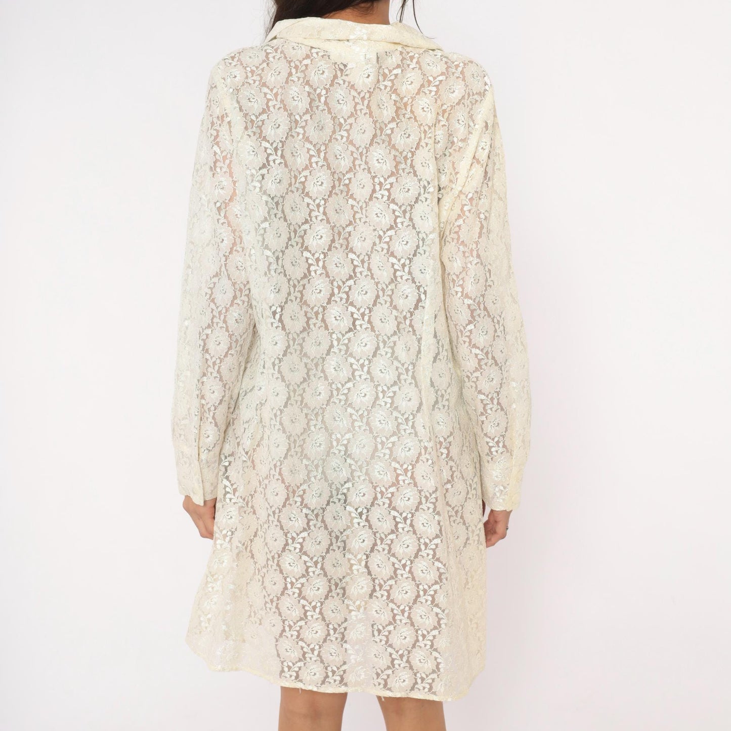 90s Deparis Cream Floral Lace Shirt Dress Knee Length Collared Large