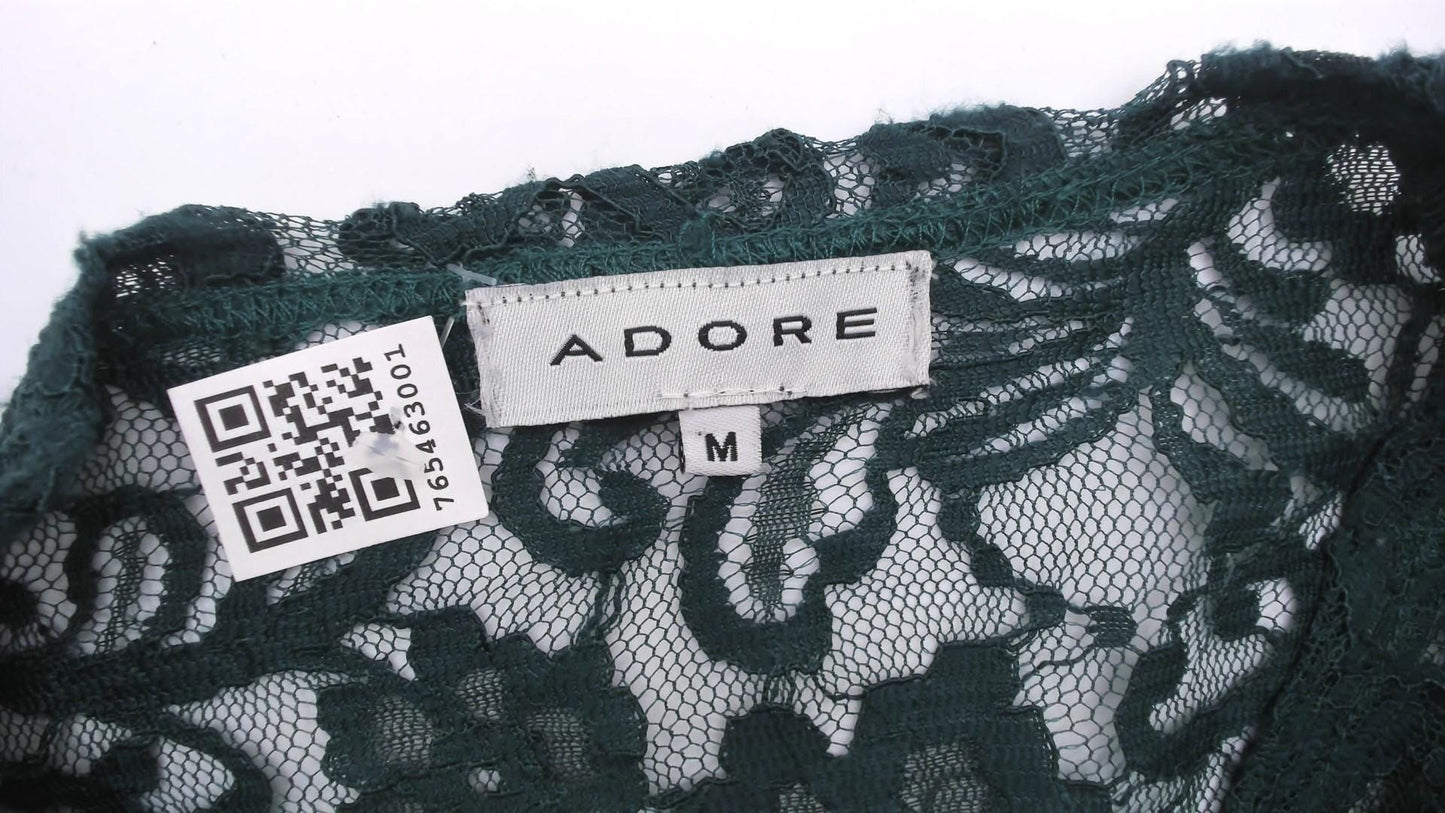 90s Adore Forest Green Lace Mini Dress V Neck Long Sleeve A Line Medium M