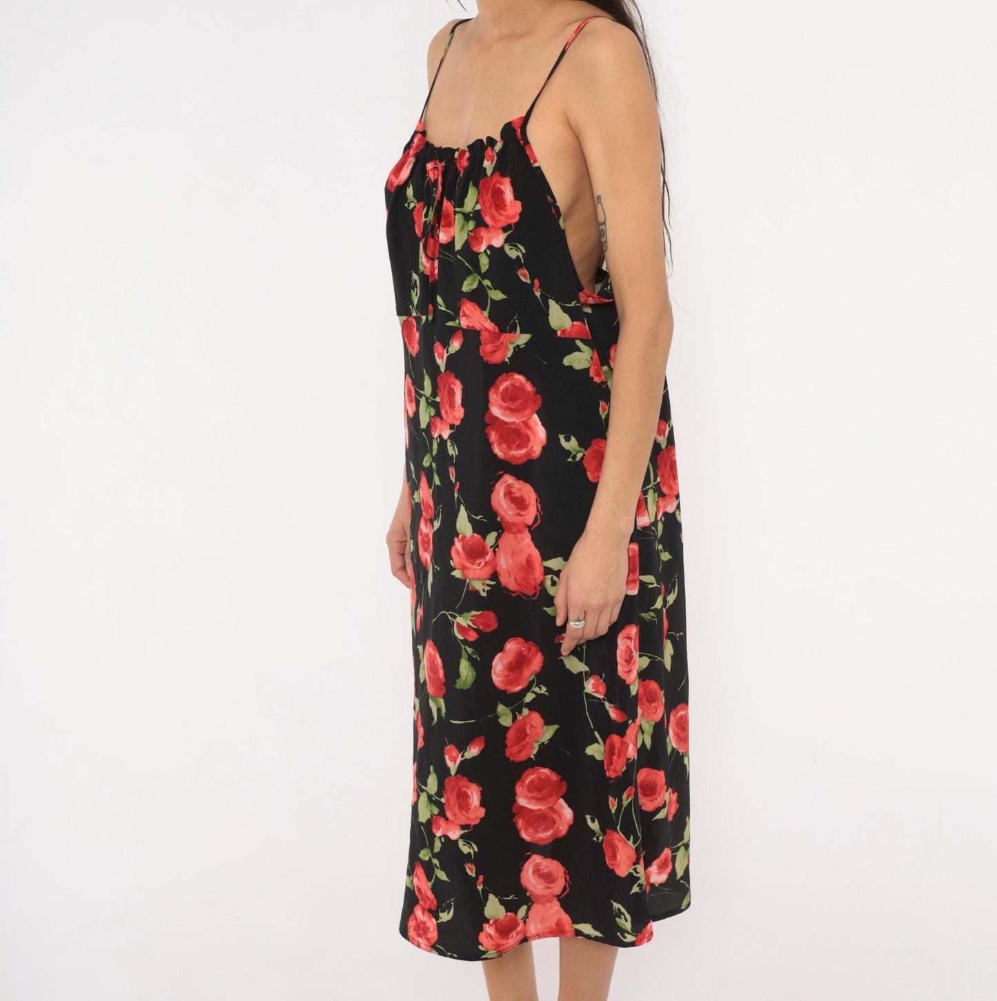90s Chesley Rose Print Slip Dress Black Midi Spaghetti Strap Open Back Extra Large