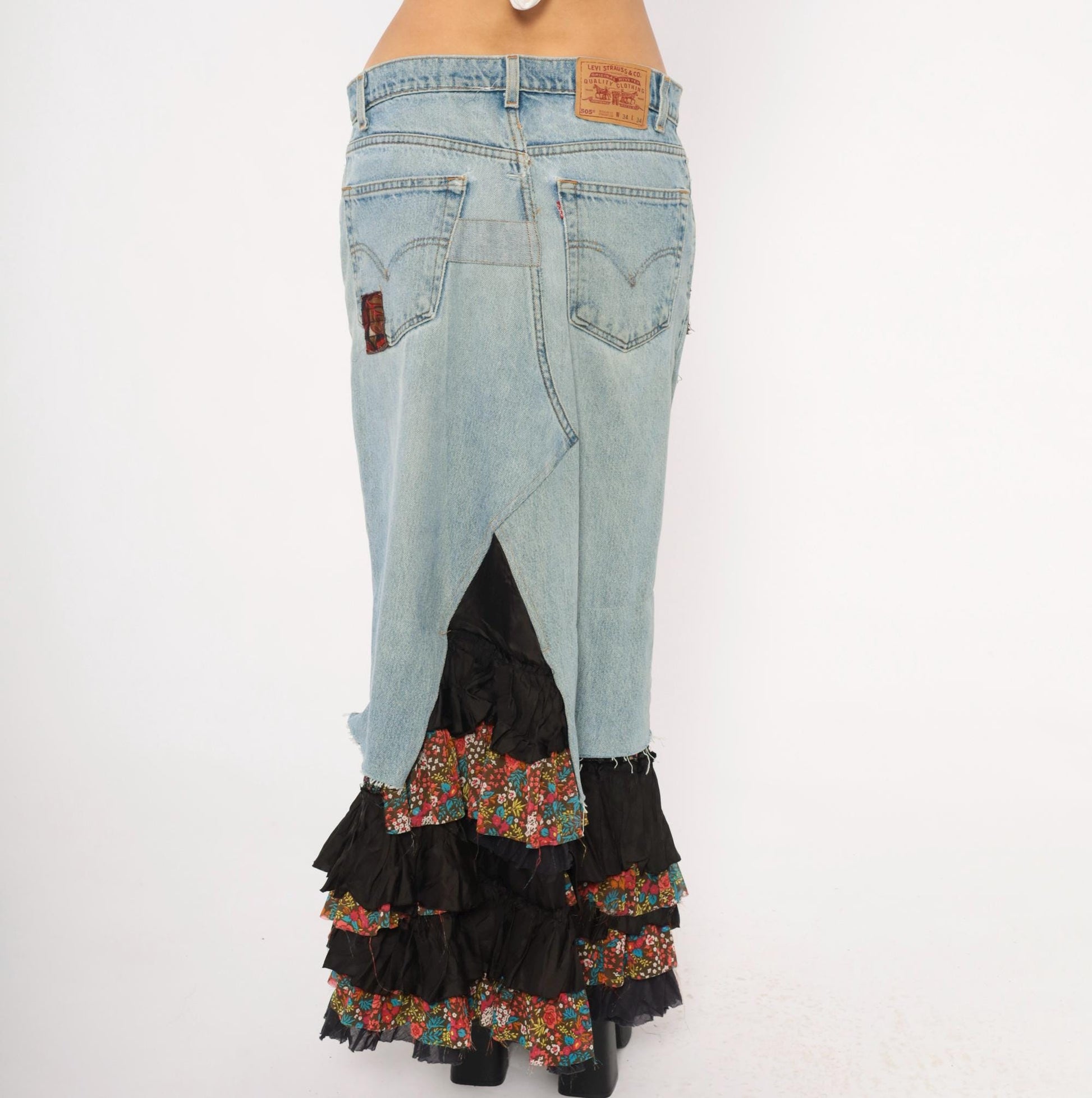 00s FP One Free People Patchwork Denim Maxi Skirt Light Wash Ruffled Small