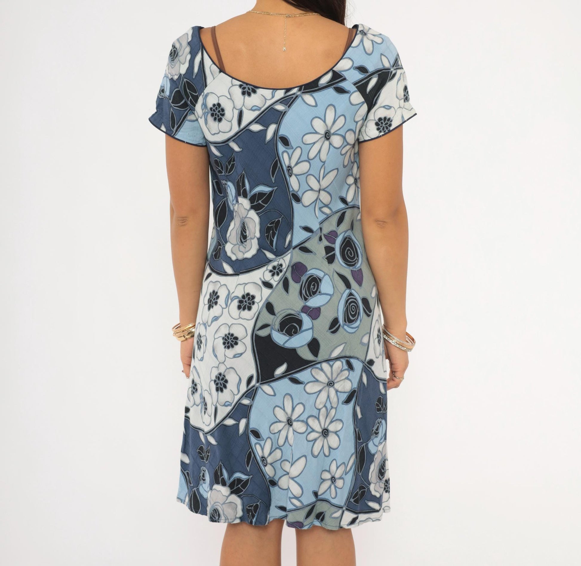 Y2K Iolani Patchwork Floral Mini Dress Navy Sky Blue Rayon Small