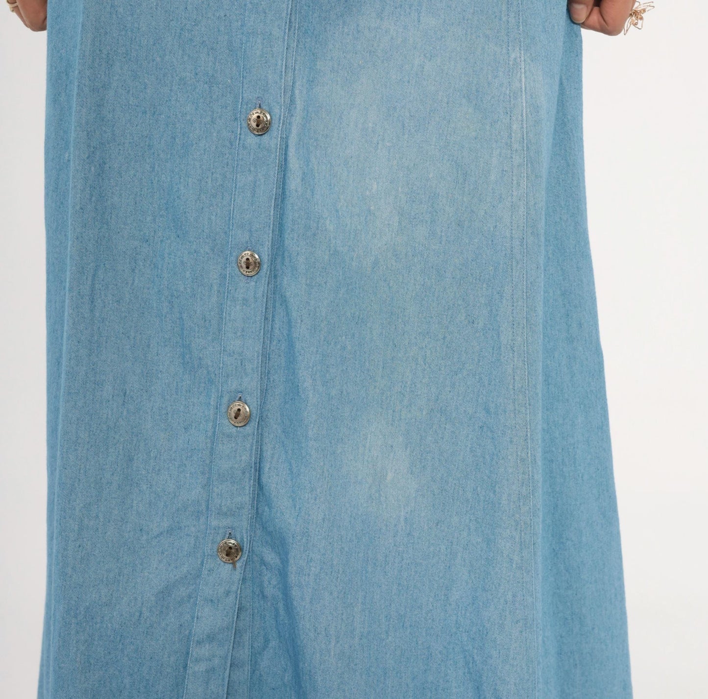 90s Midnite Light Blue Denim Maxi Dress Floral Embroidery Collared Medium M