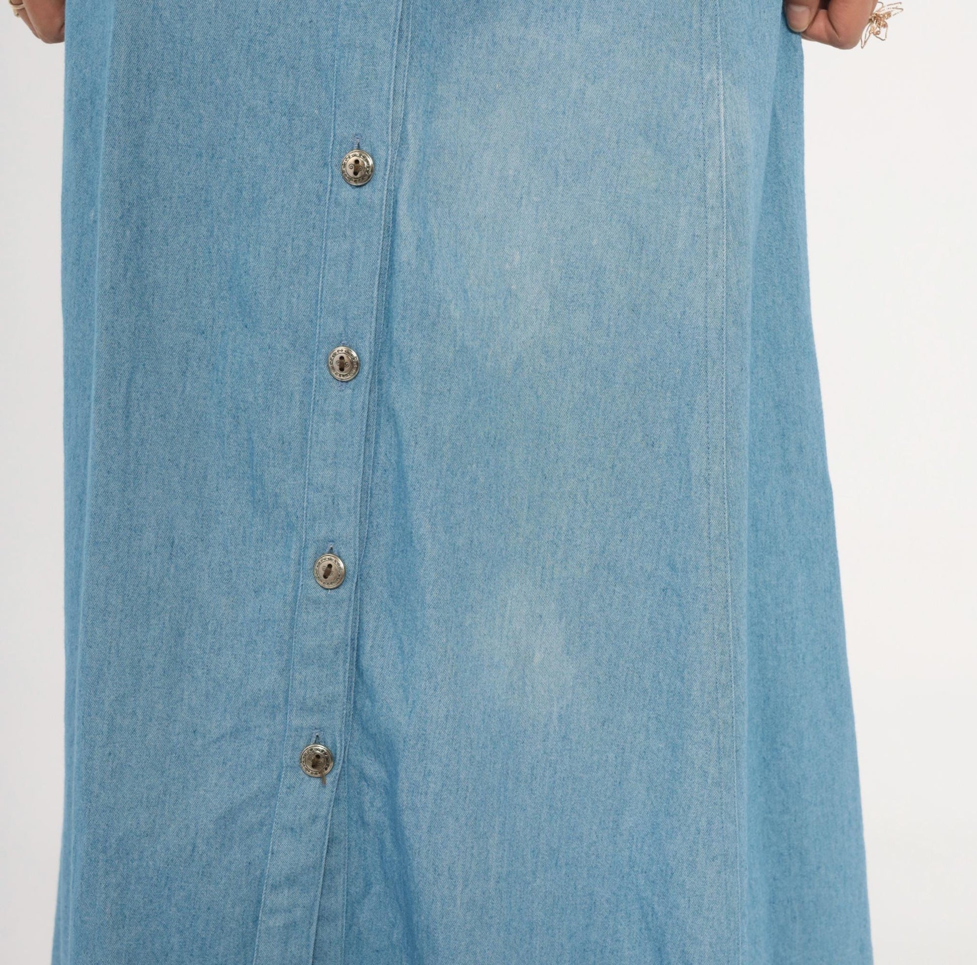 90s Midnite Light Blue Denim Maxi Dress Floral Embroidery Collared Medium M
