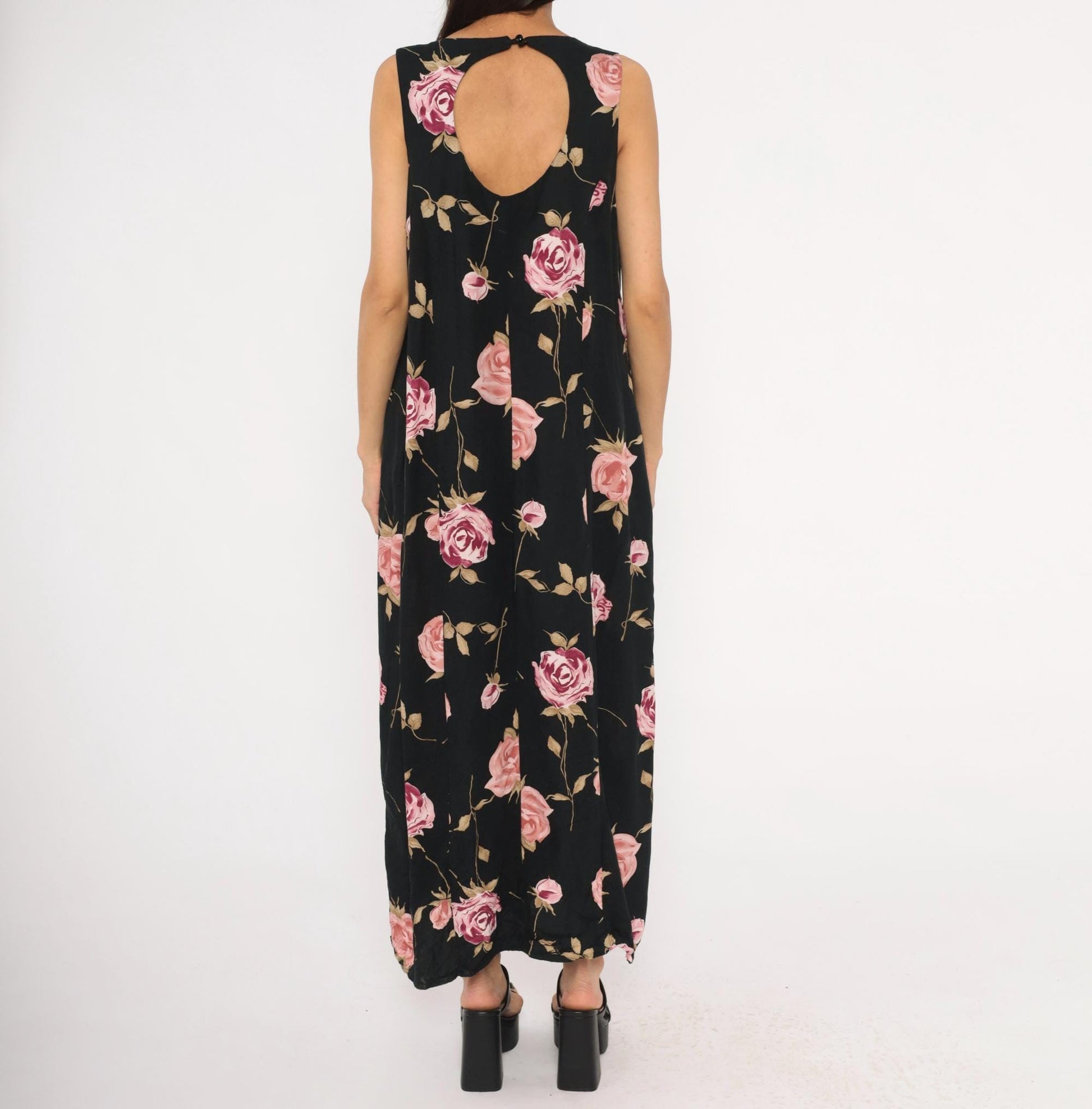 90s Jodi Michaels Rose Print Maxi Dress Black Pink Sleeveless Large L