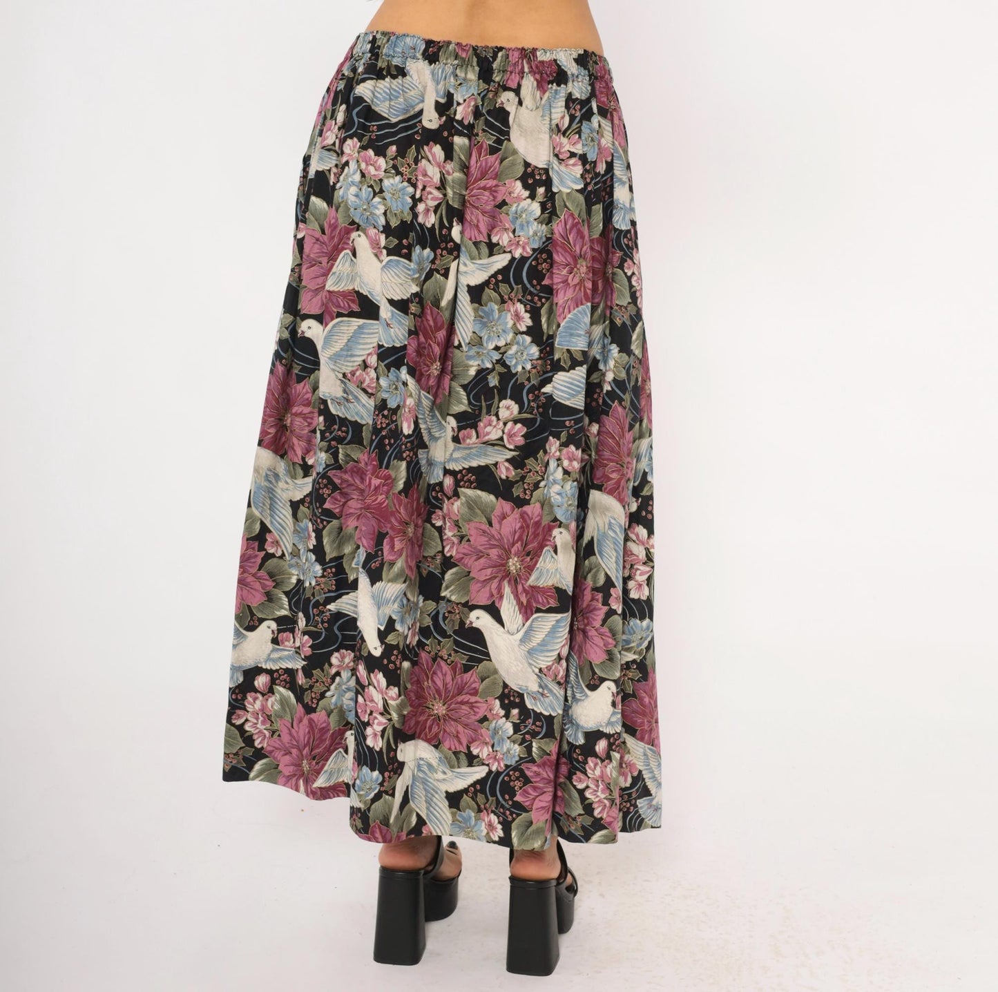 80s Navy Dove Poinsettia Maxi Skirt Cotton Floral A-Line Medium Large
