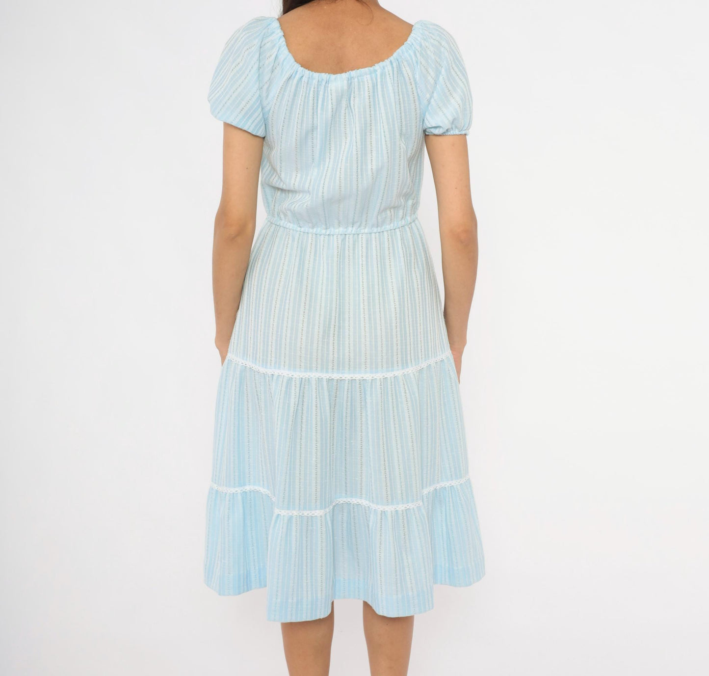 70s Sky Blue Striped Peasant Dress Puff Sleeve Tiered Skirt Lace Trim Medium M