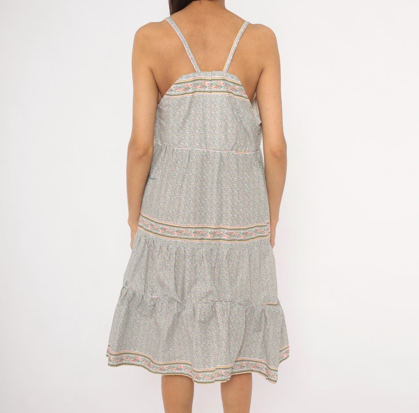 2000s Ditsy Floral Sundress Tiered Ruffle Spaghetti Strap Cream Teal Pink Medium M