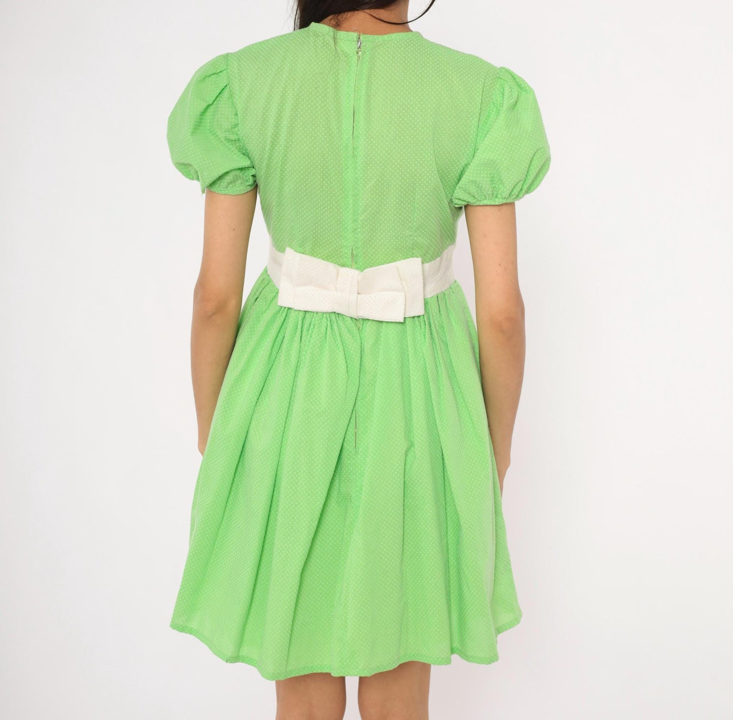 70s Lime Green Polka Dot Puff Sleeve Mini Dress Cotton Bow Waist Small S