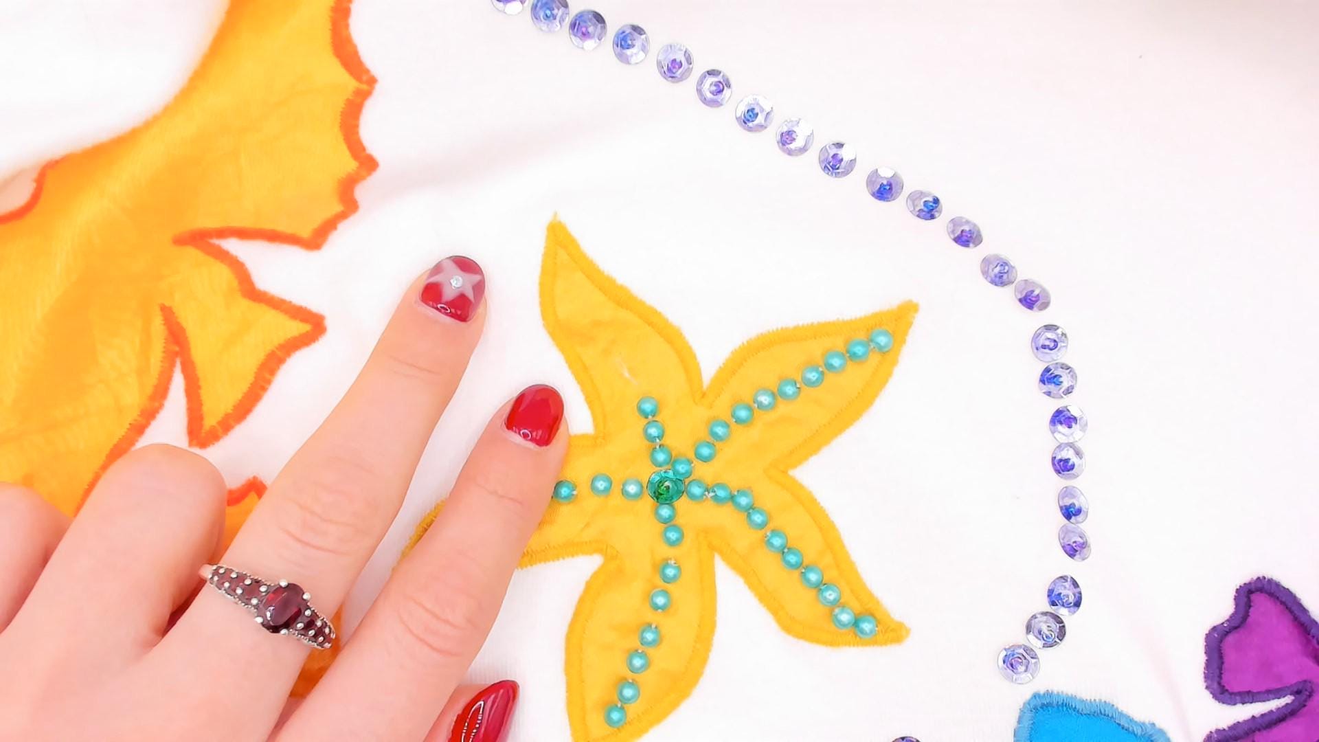 90s Extra-Touch Ocean Appliqué Tee Seahorse Starfish Rhinestone White XL