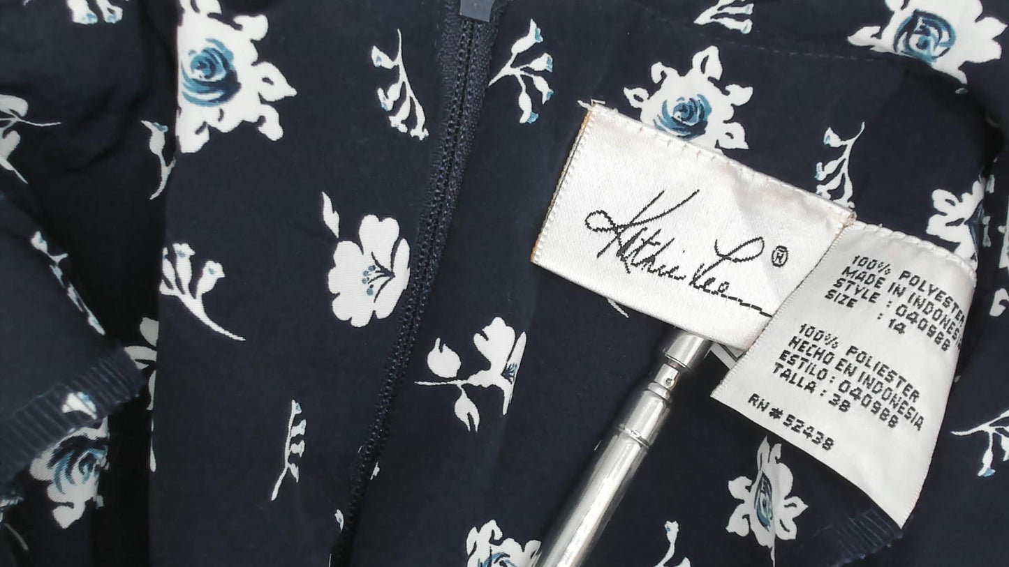90s Kathie Lee Navy Floral Midi Dress Peter Pan Collar Pintuck Bodice Large L