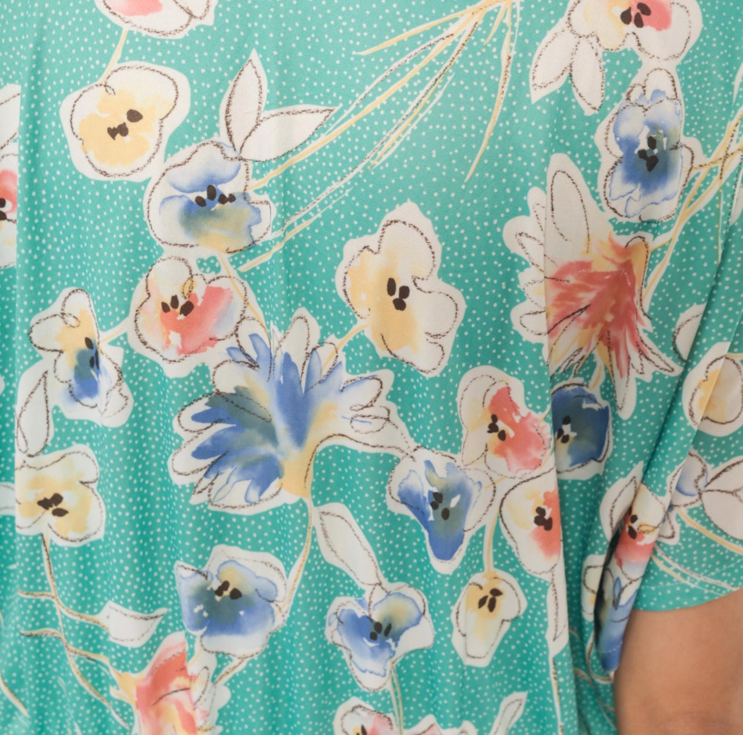 80s Pansy Floral Dress Teal V-Neck Bow Blouson Knee Length Extra Large
