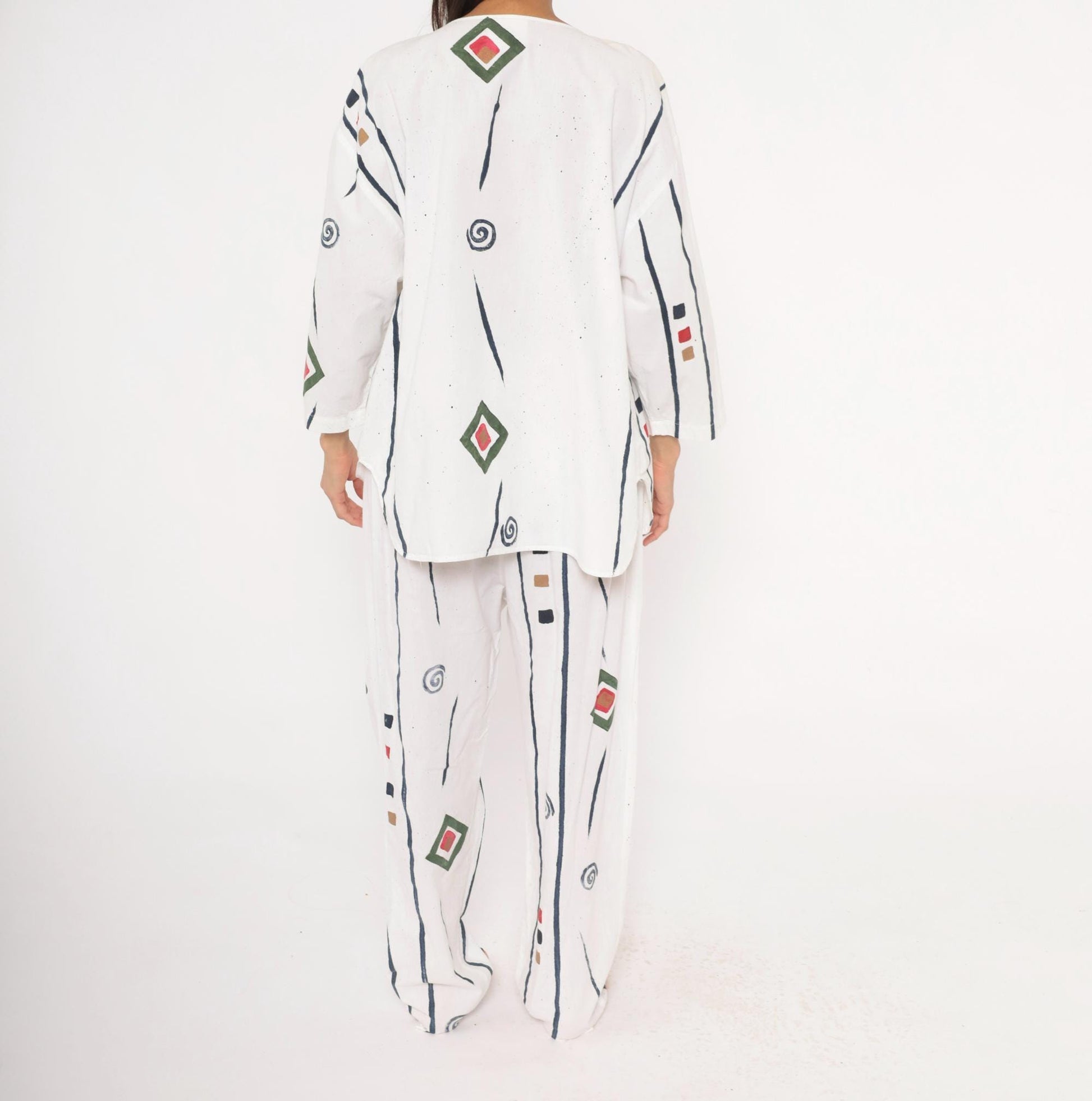 90s Allegre Geometric Print Cotton Two Piece Set White Large L