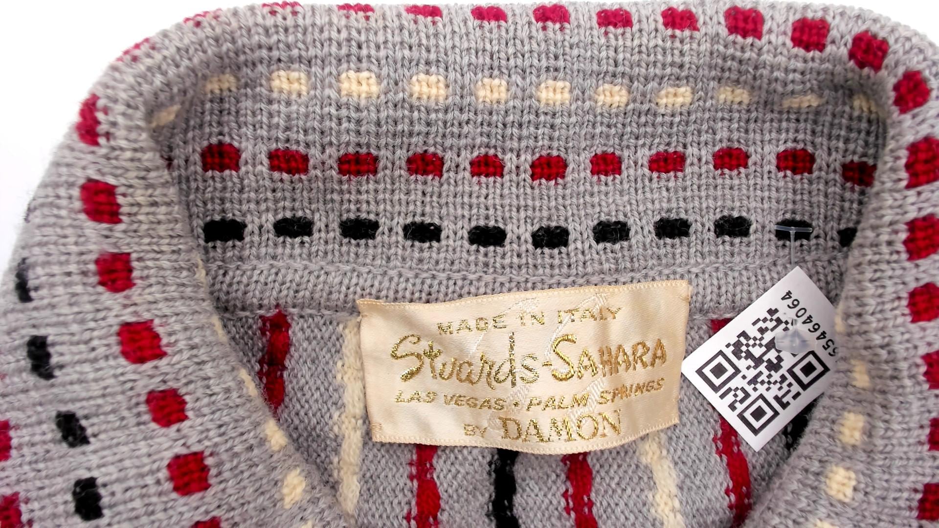 70s Damon Wool Cardigan Grey Dotted Stripe Burgundy Black Cream Medium M