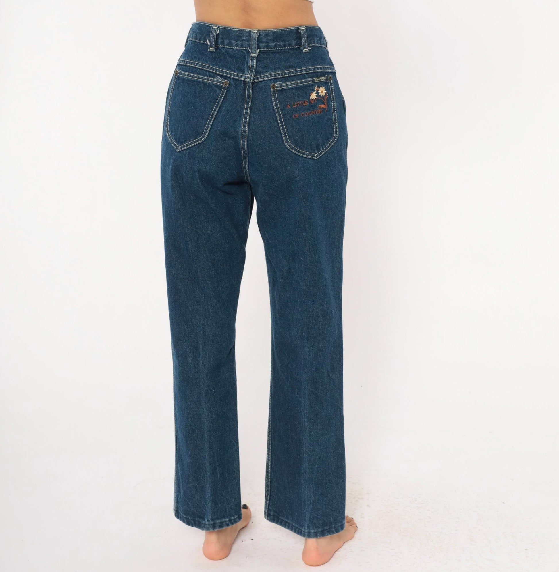 80s Kenny Rogers Western Embroidered Daisy Jeans High Waist Straight Leg Blue 28