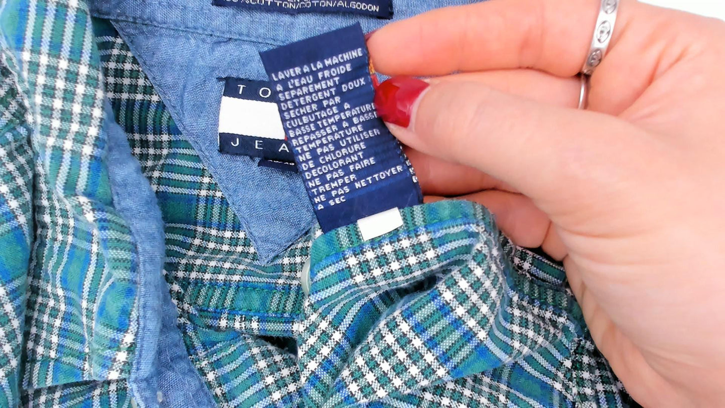 Y2K Tommy Jeans Plaid Flannel Shirt Teal Cotton Button-Up Extra Large