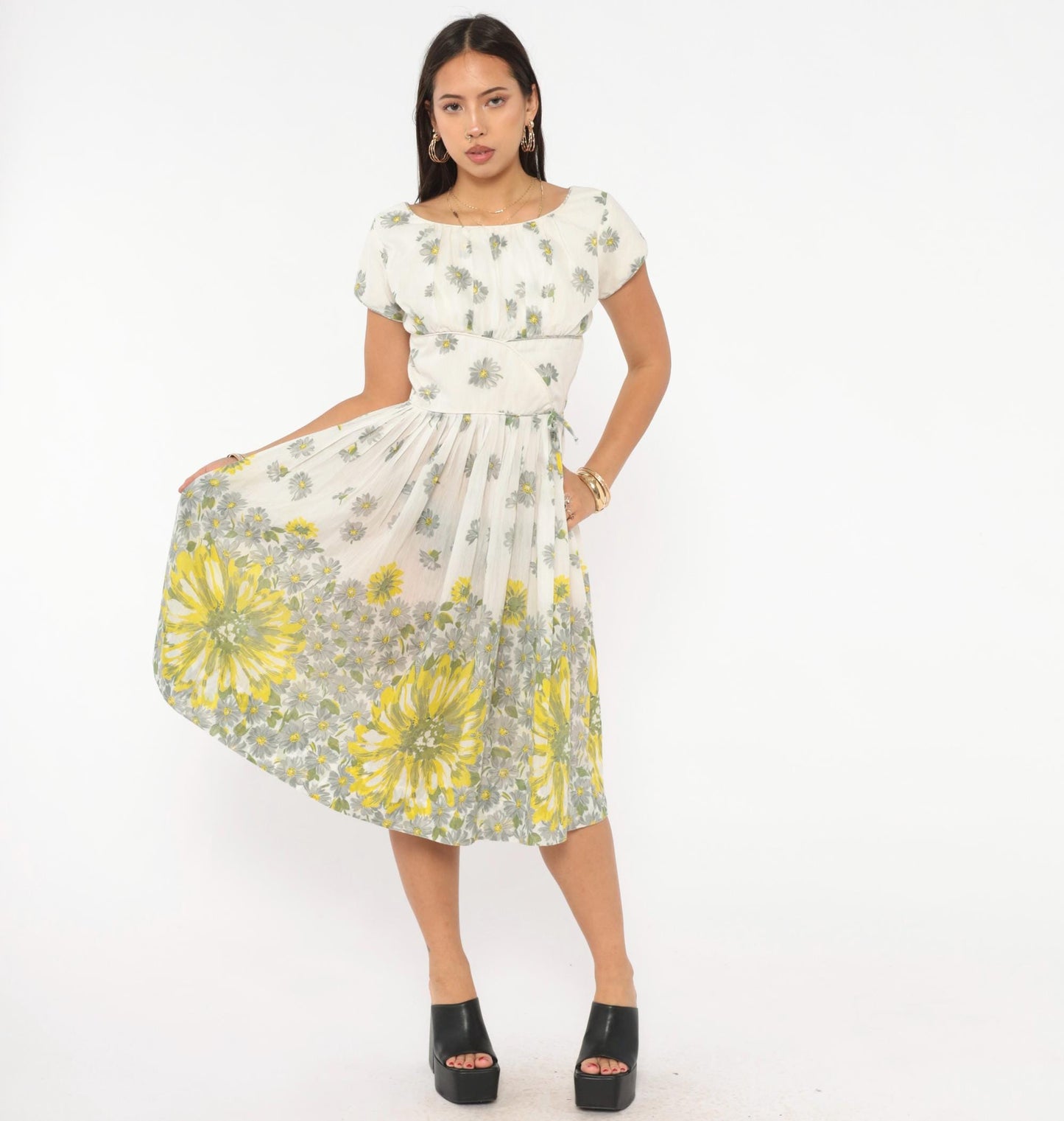 60s Daisy Print Fit And Flare Dress White Yellow Cotton Cap Sleeve Extra Small XS